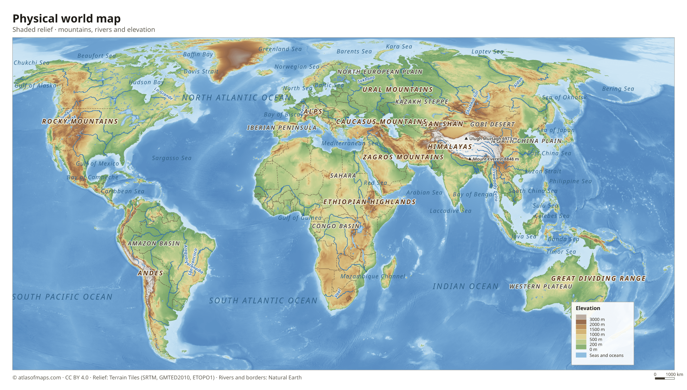 Physical world map