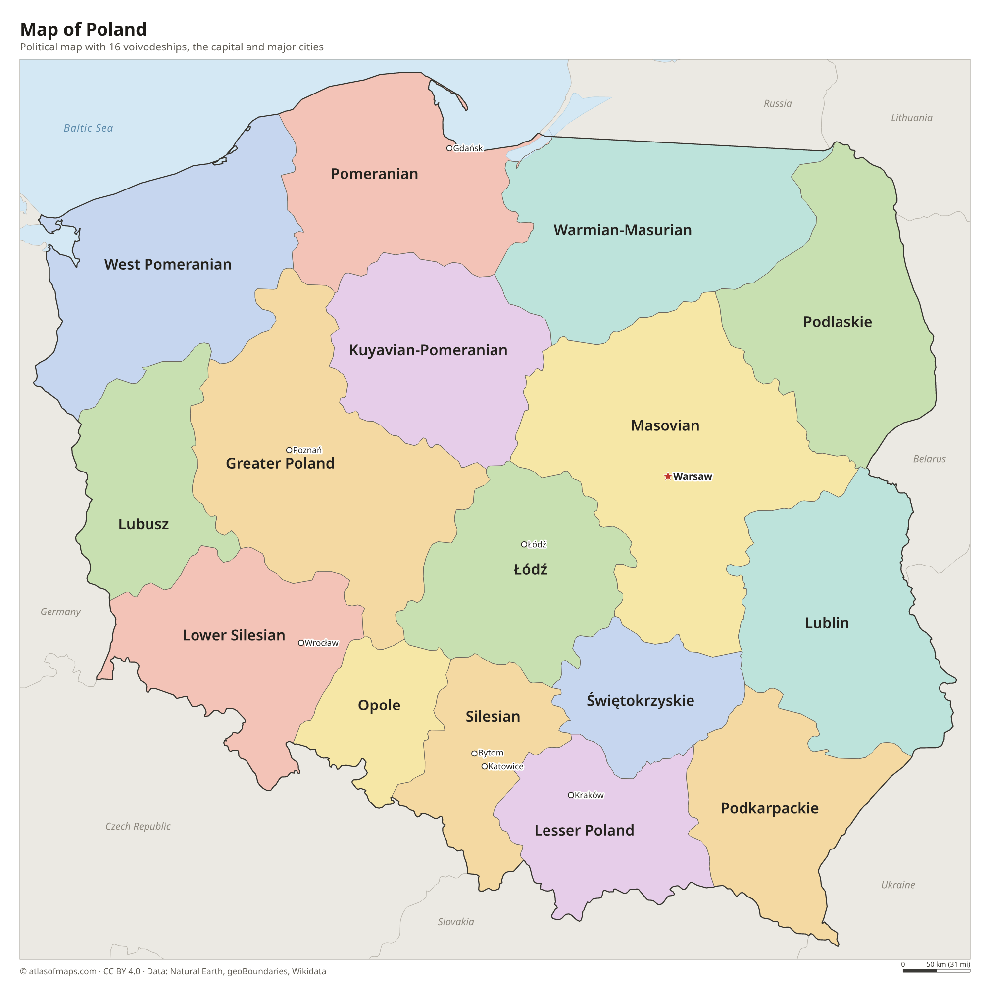 Political map of Poland with its voivodeships and the capital Warsaw
