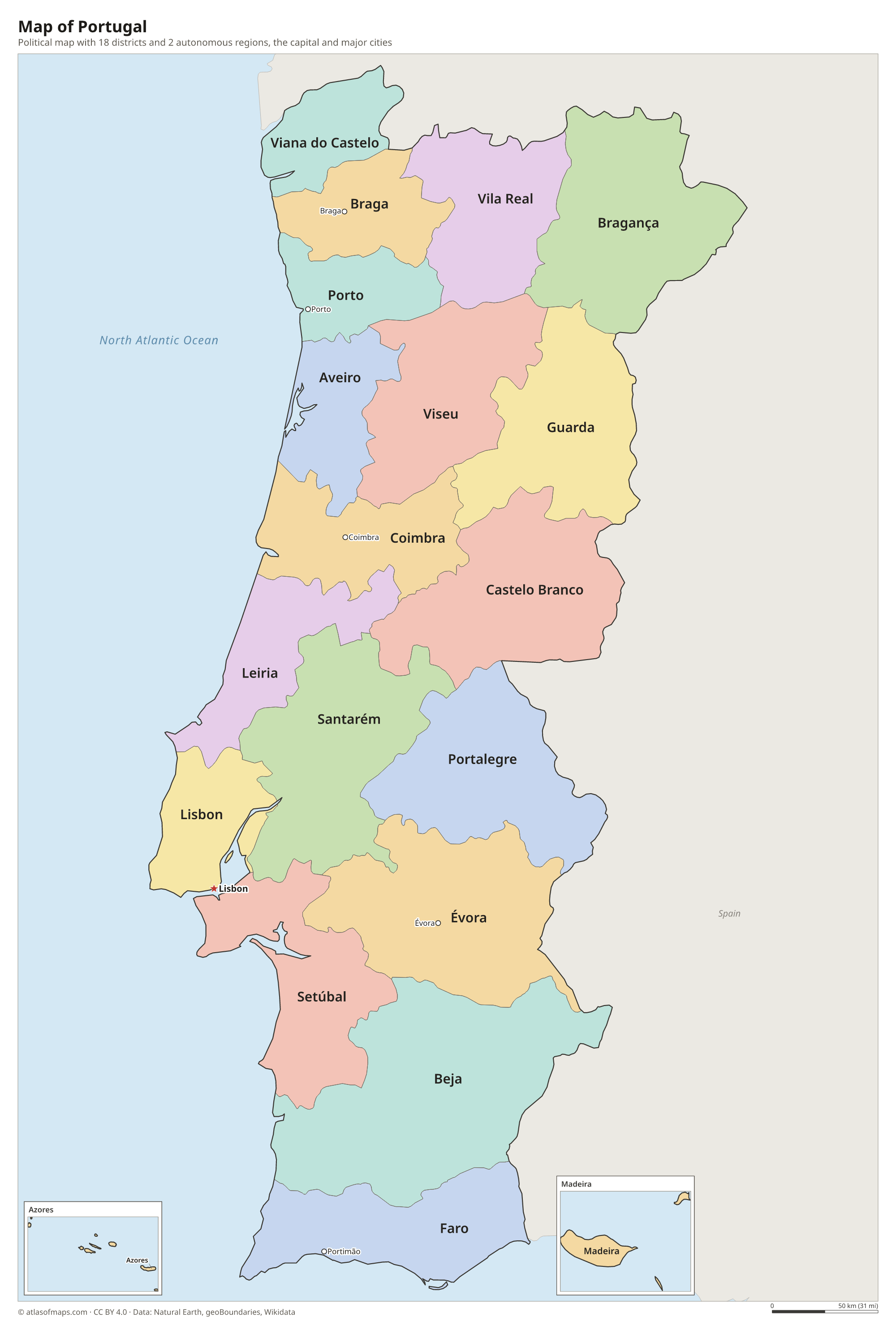 Political map of Portugal with its districts and the capital Lisbon