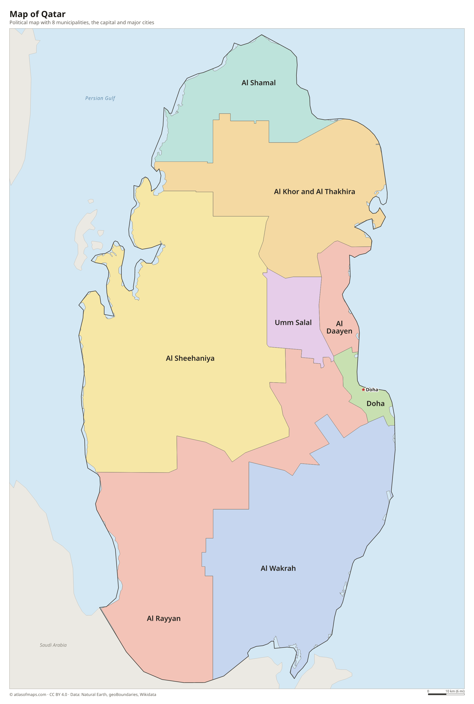 Political map of Qatar with its municipalities and the capital Doha