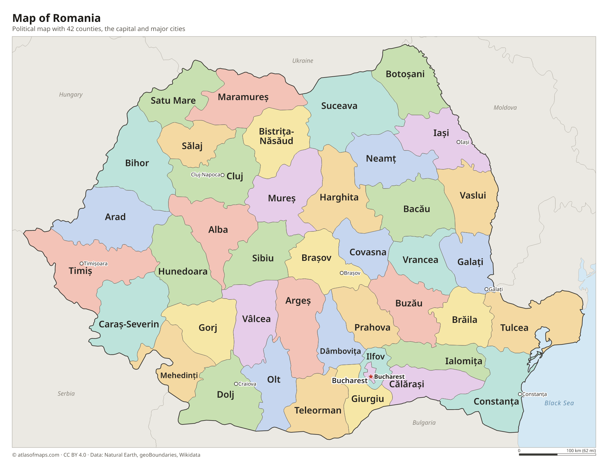 Political map of Romania with its counties and the capital Bucharest