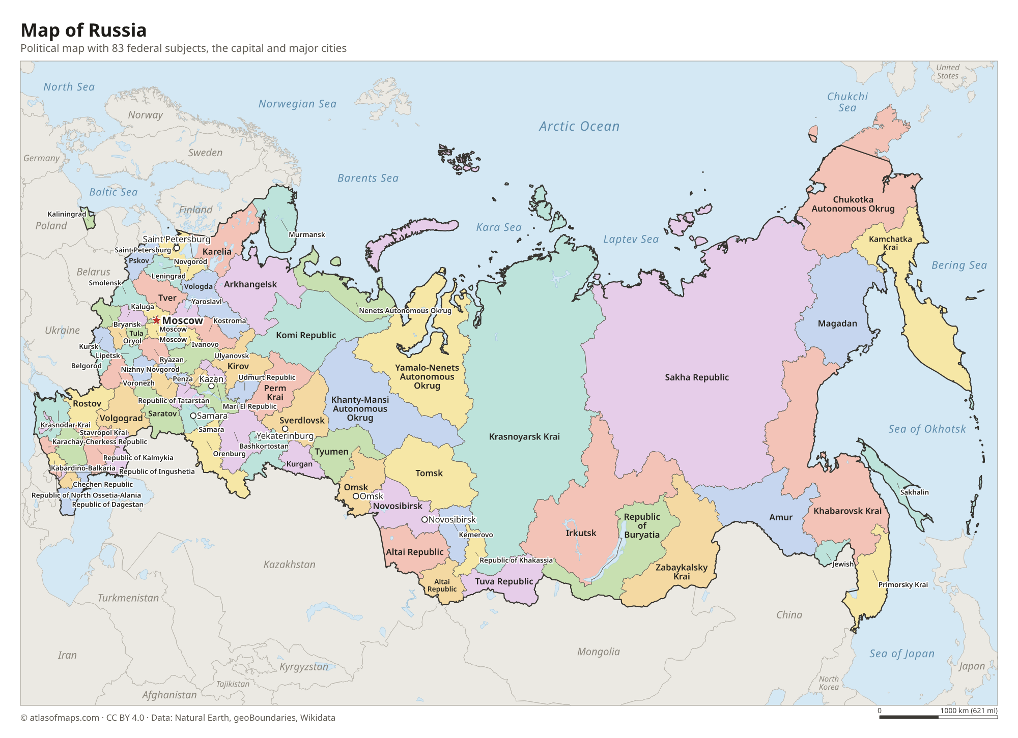 Political map of Russia with its federal subjects and the capital Moscow