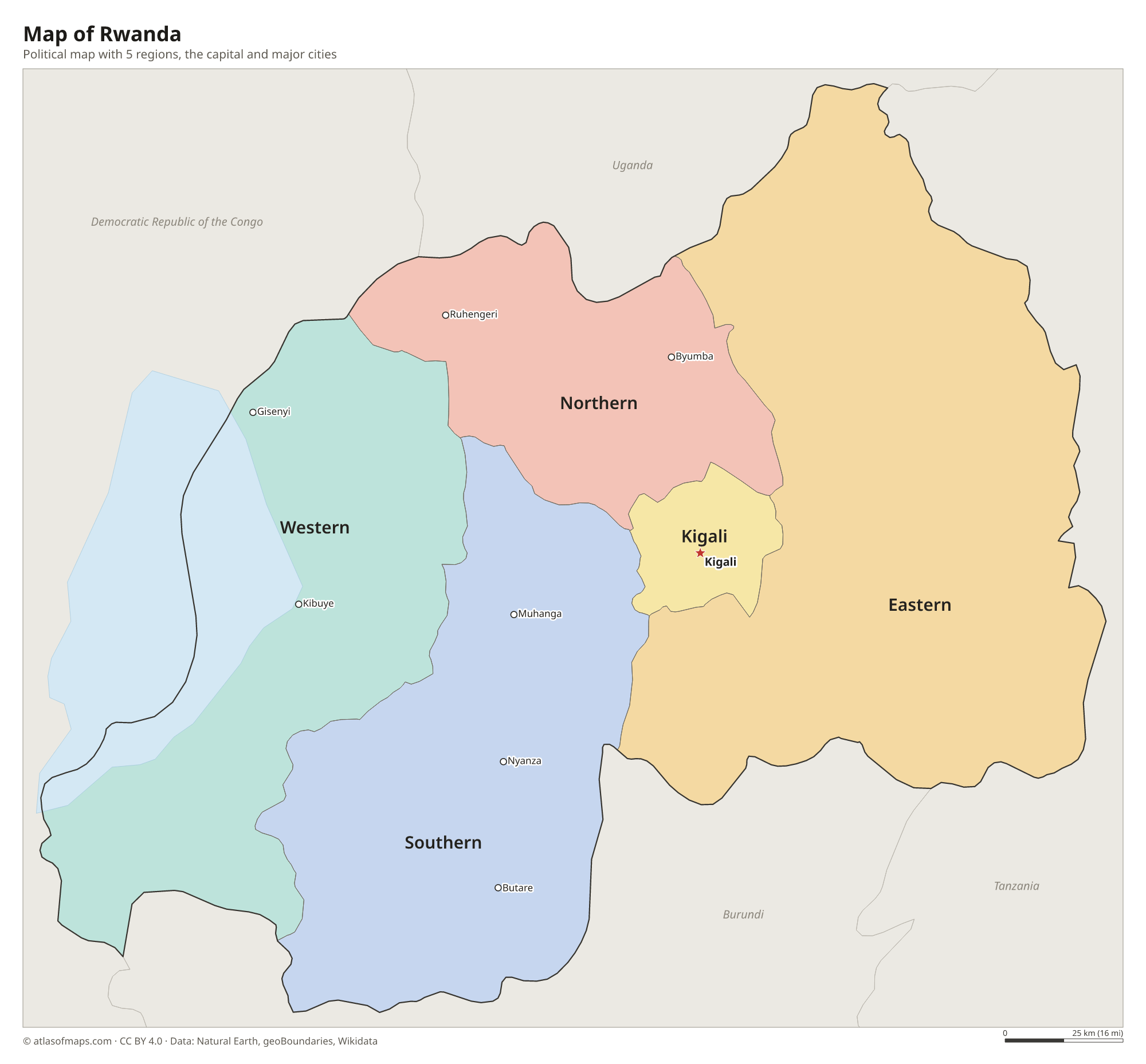 Political map of Rwanda with its regions and the capital Kigali