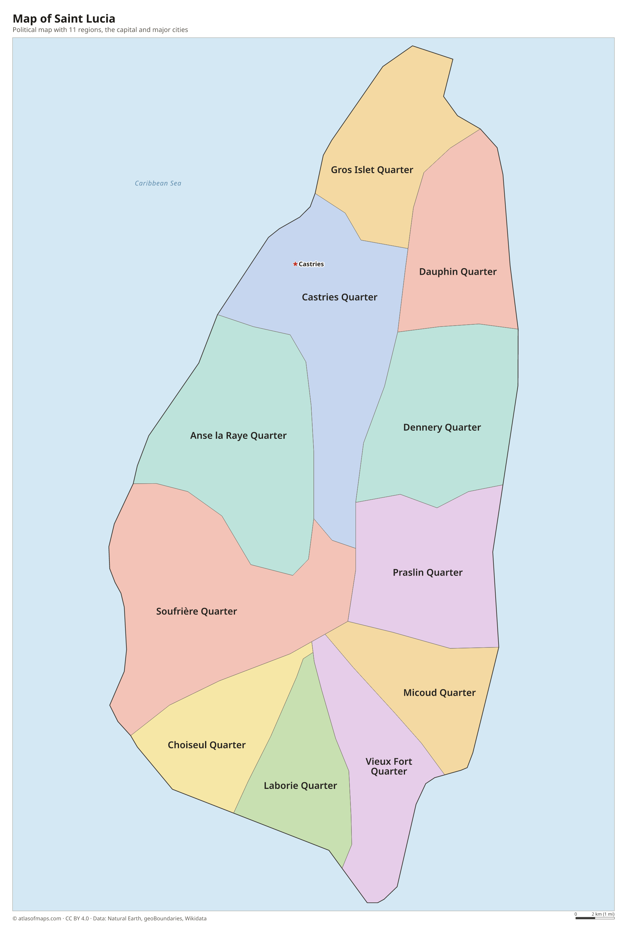 Political map of Saint Lucia with its regions and the capital Castries