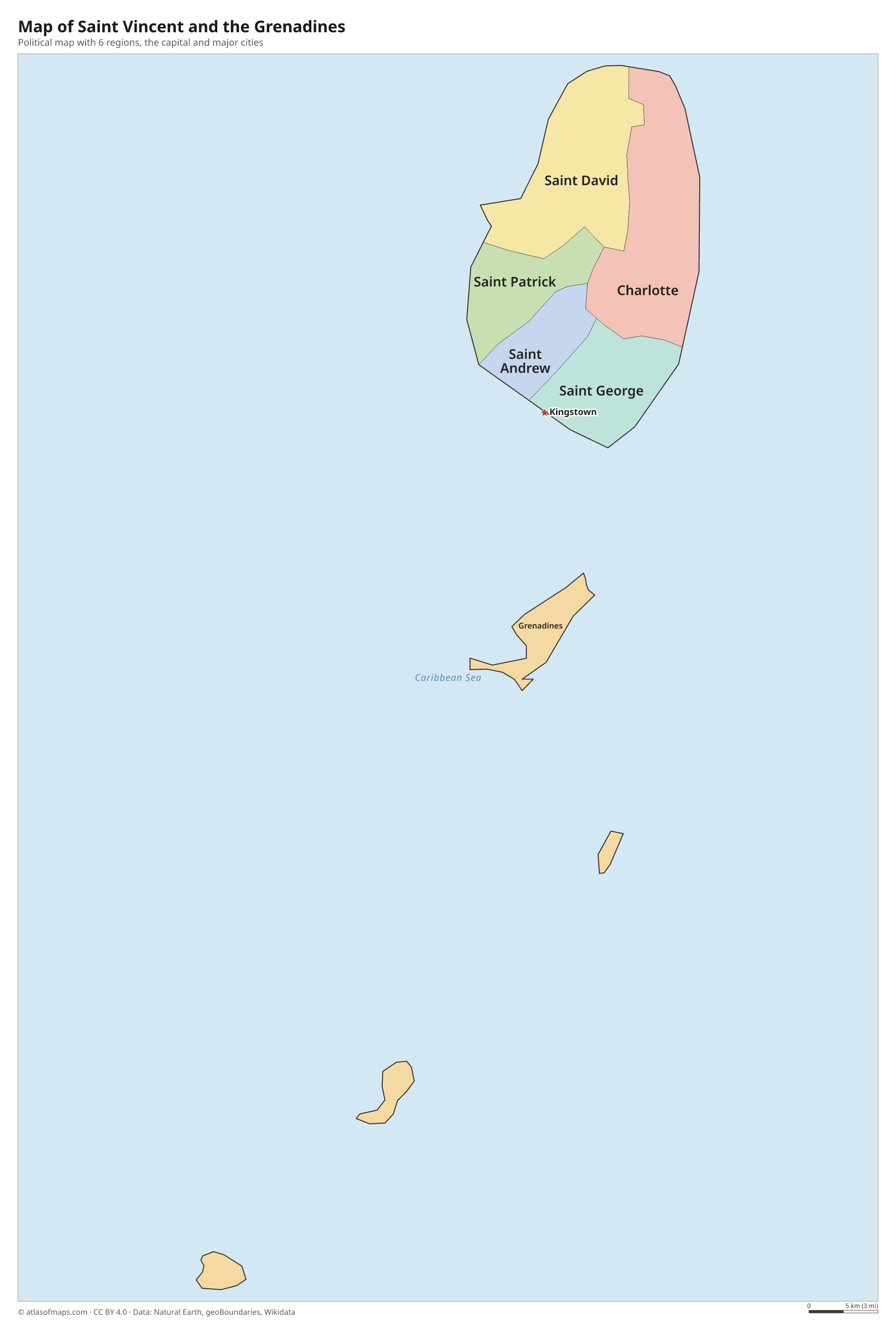 Political map of Saint Vincent and the Grenadines with its regions and the capital Kingstown