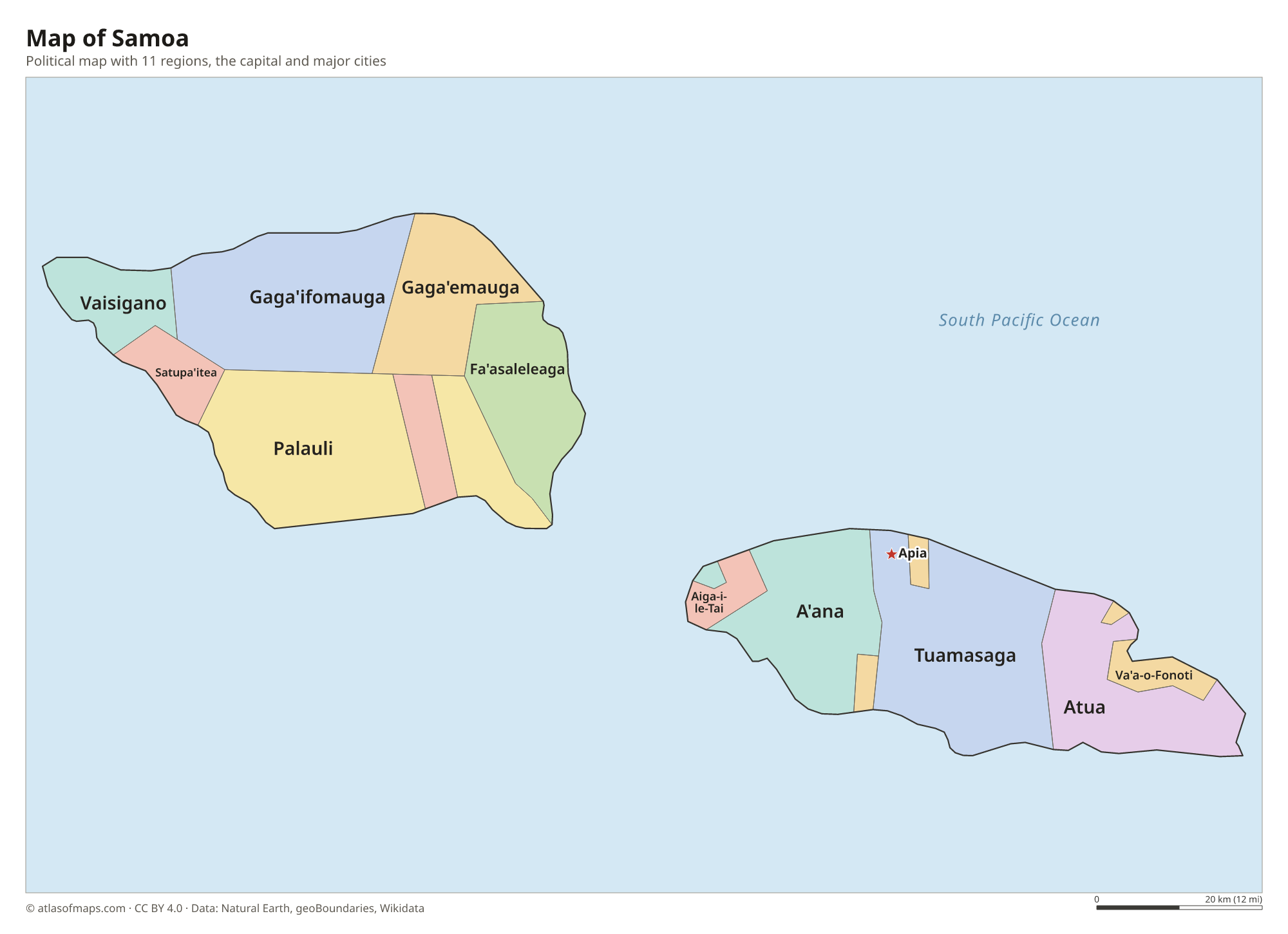 Political map of Samoa with its regions and the capital Apia