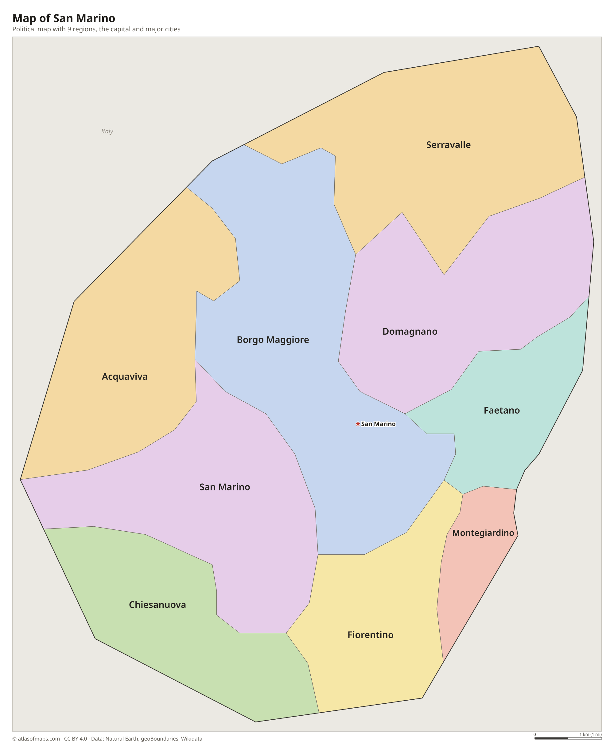 Political map of San Marino with its regions and the capital San Marino