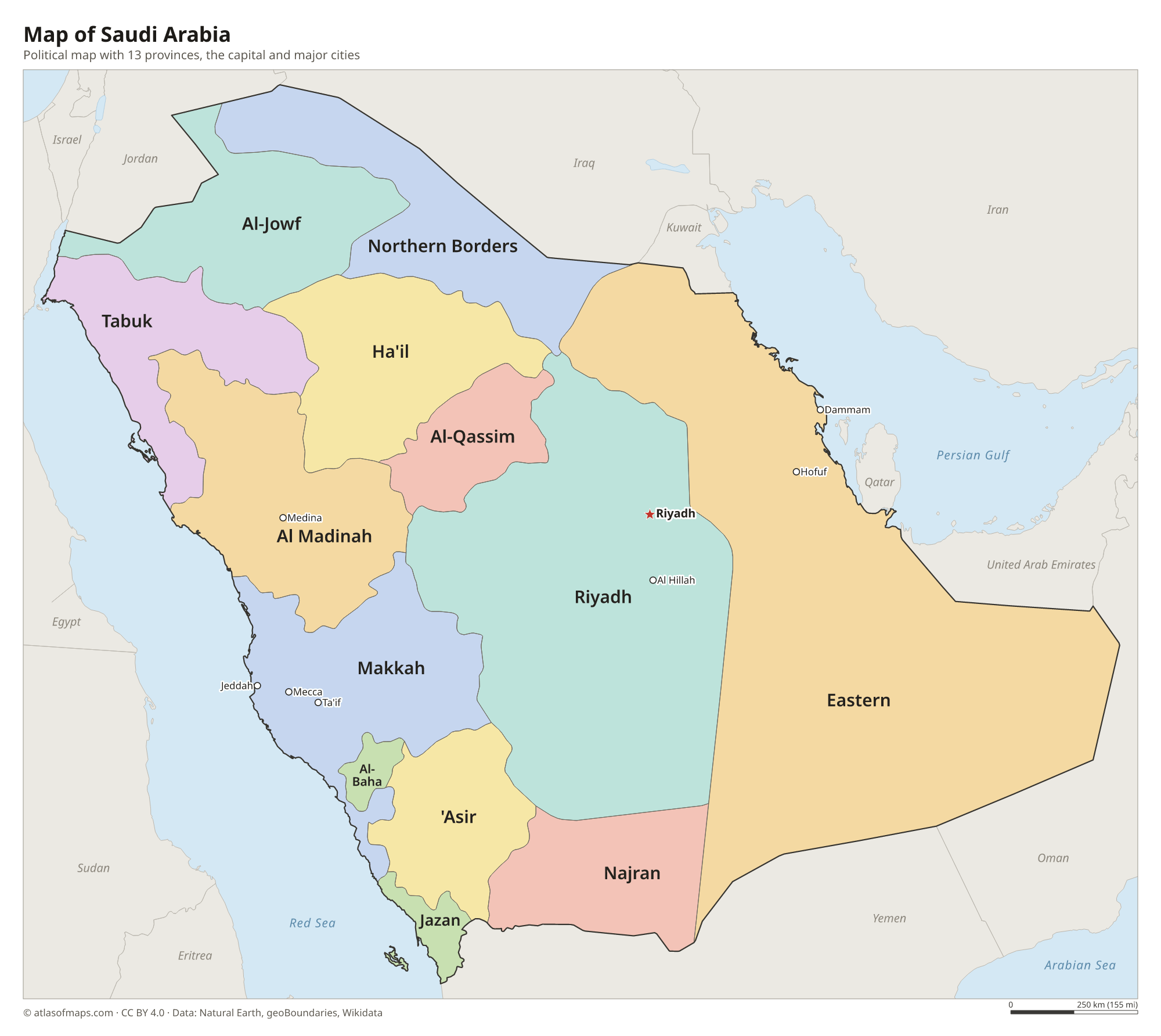 Political map of Saudi Arabia with its provinces and the capital Riyadh