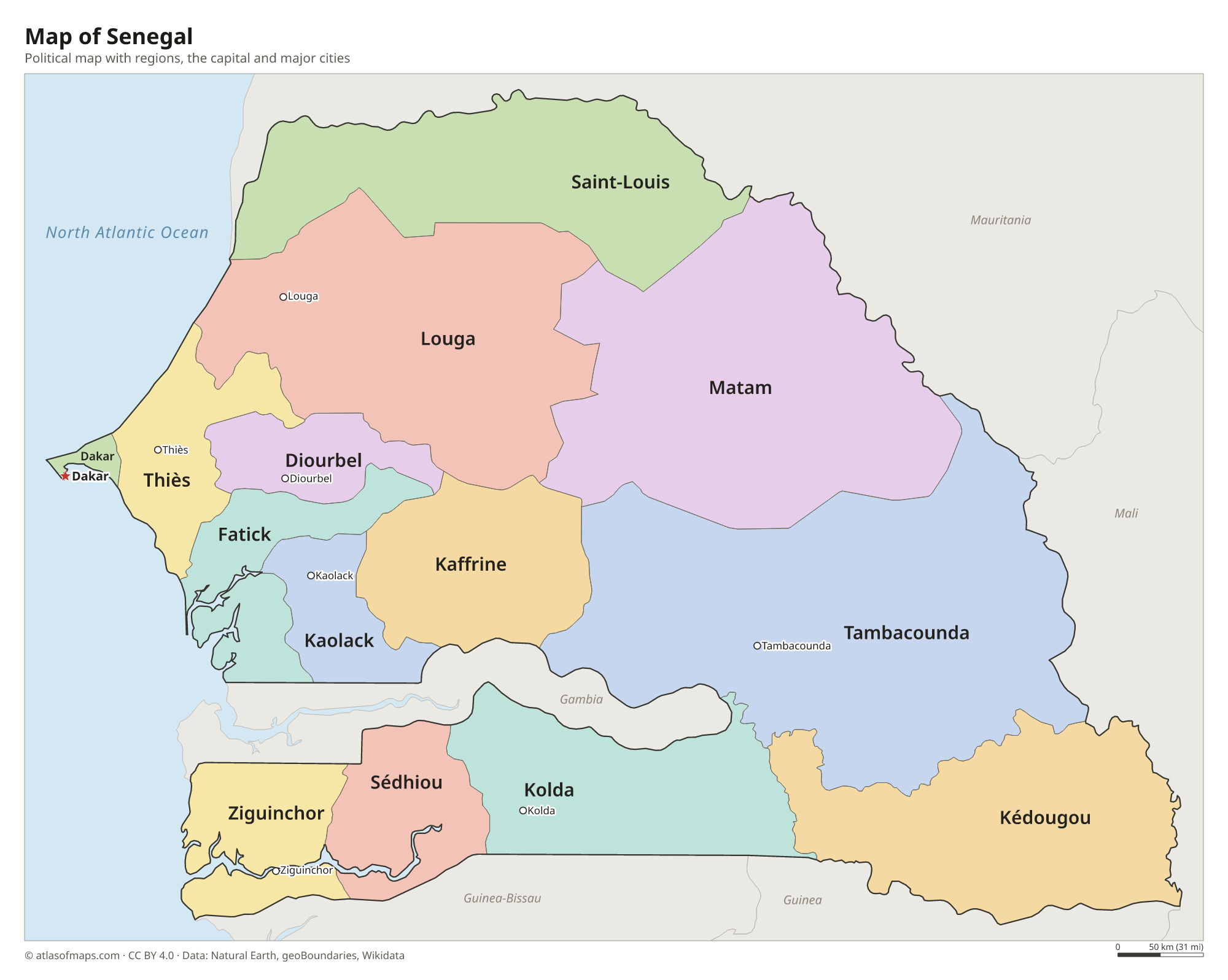 Political map of Senegal with its regions and the capital Dakar