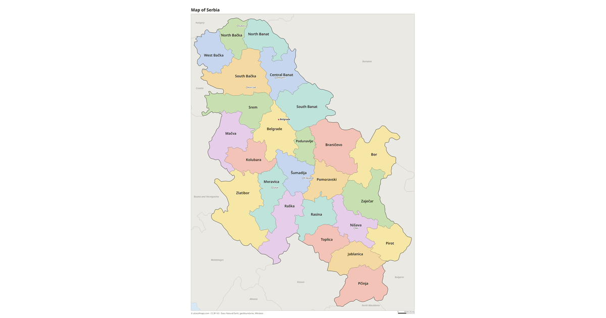 Language Map With Flags Map of Serbia with Districts and Capitals (Printable)