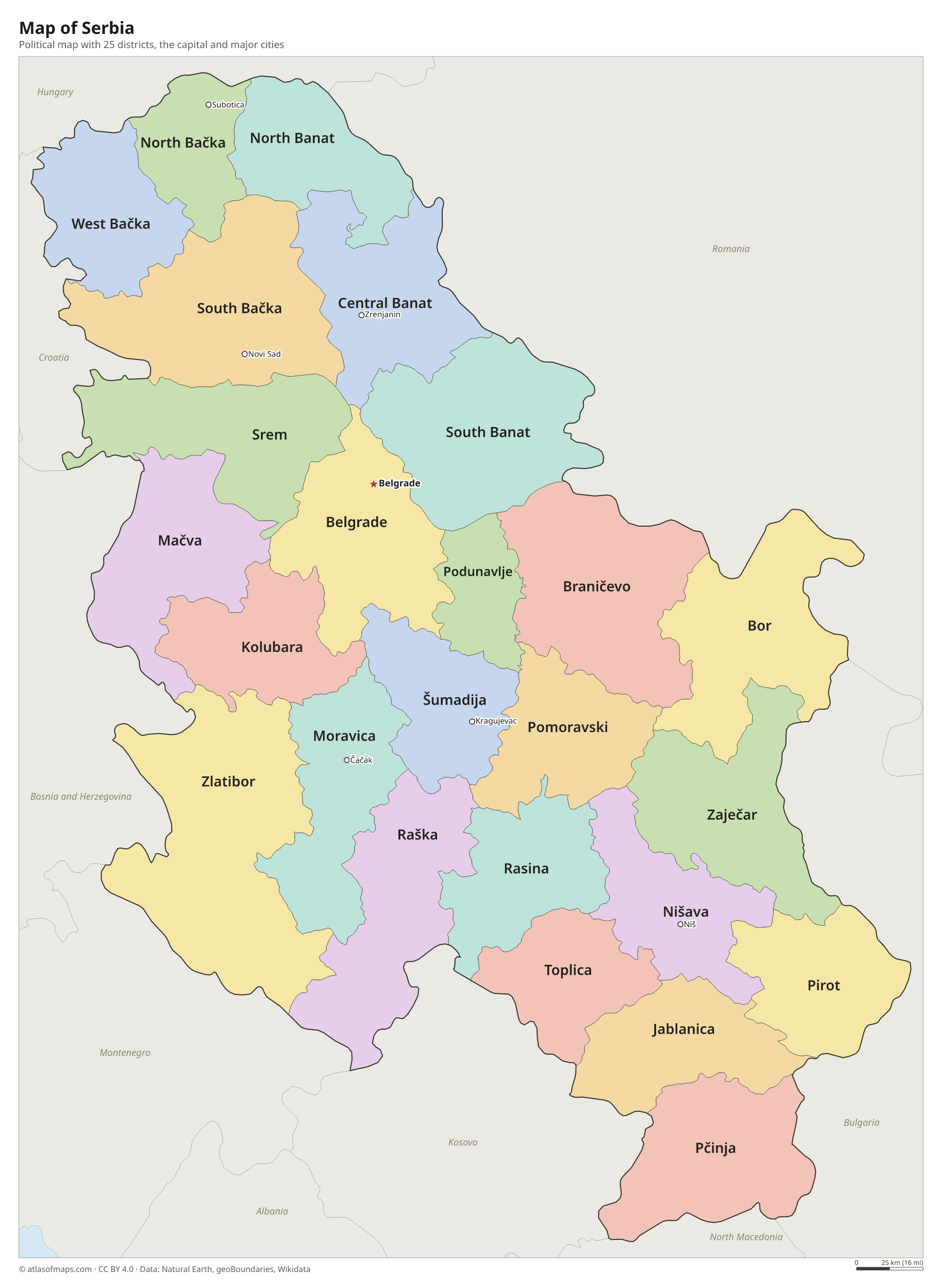 Political map of Serbia with its districts and the capital Belgrade