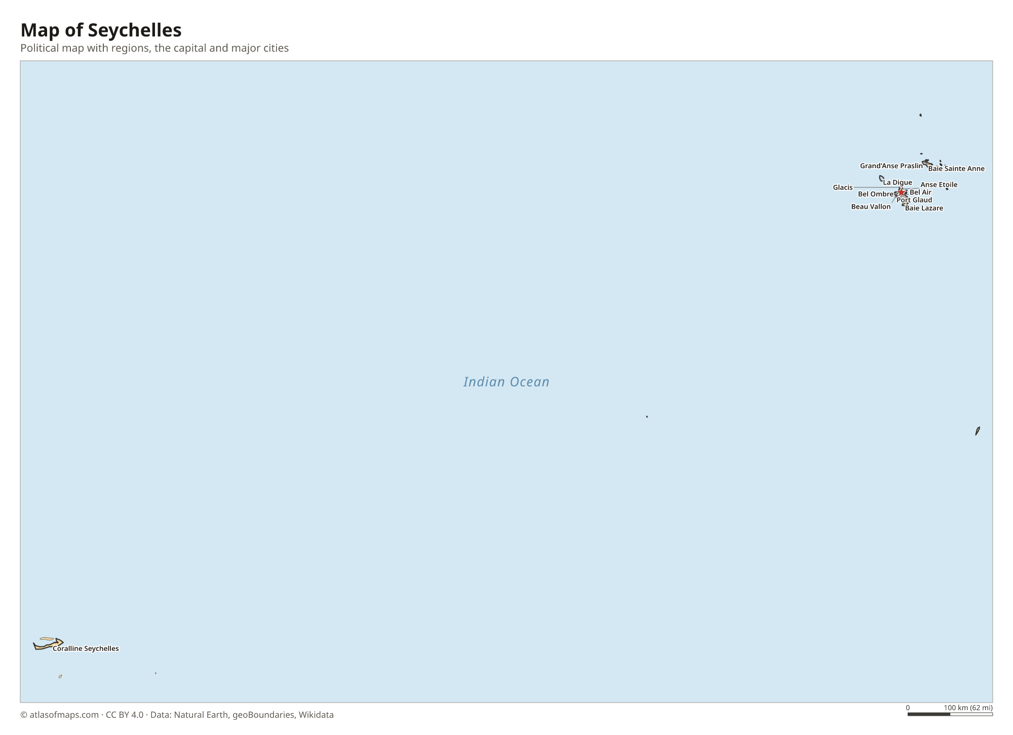 Political map of Seychelles with its regions and the capital Victoria