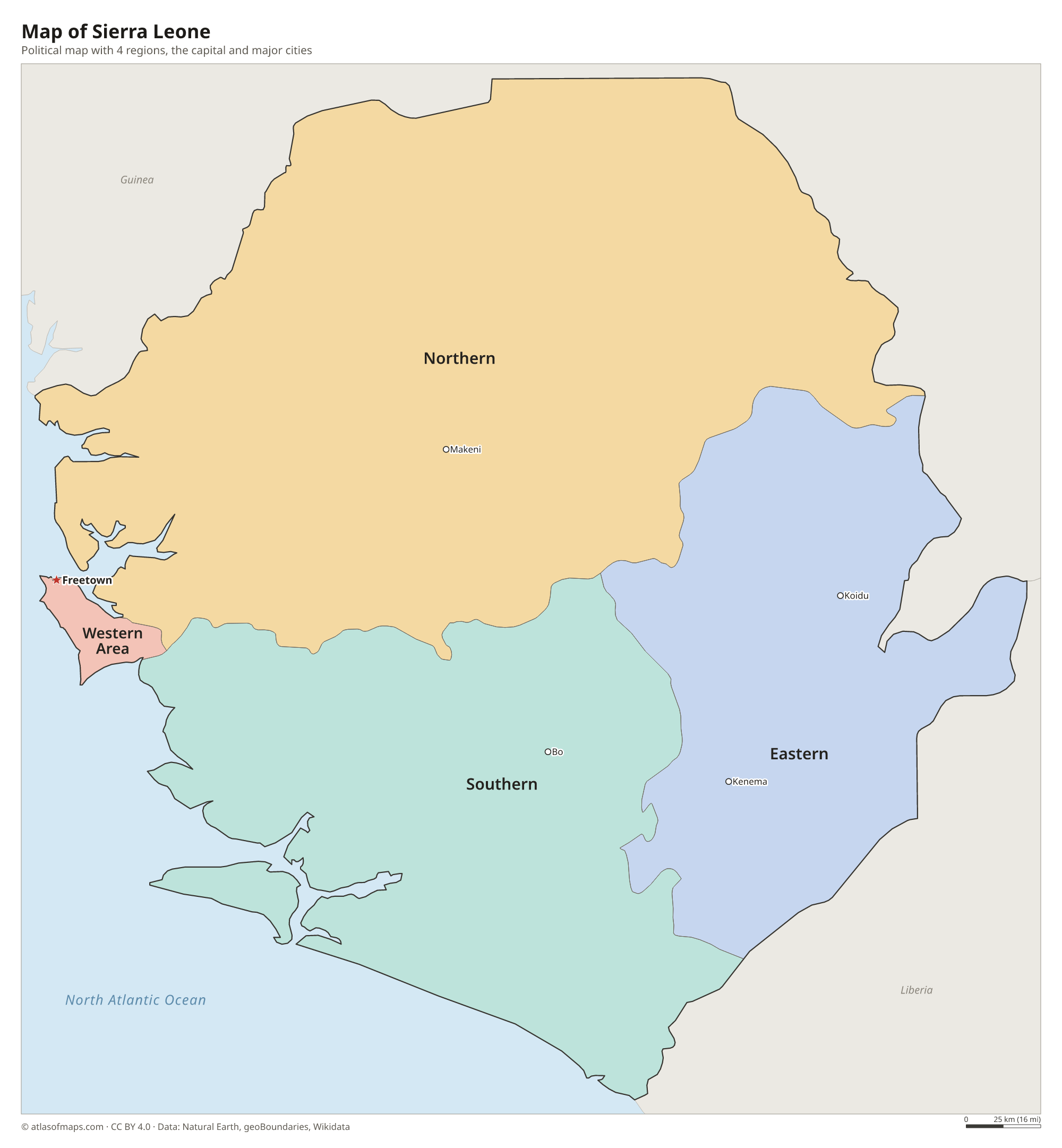 Political map of Sierra Leone with its regions and the capital Freetown