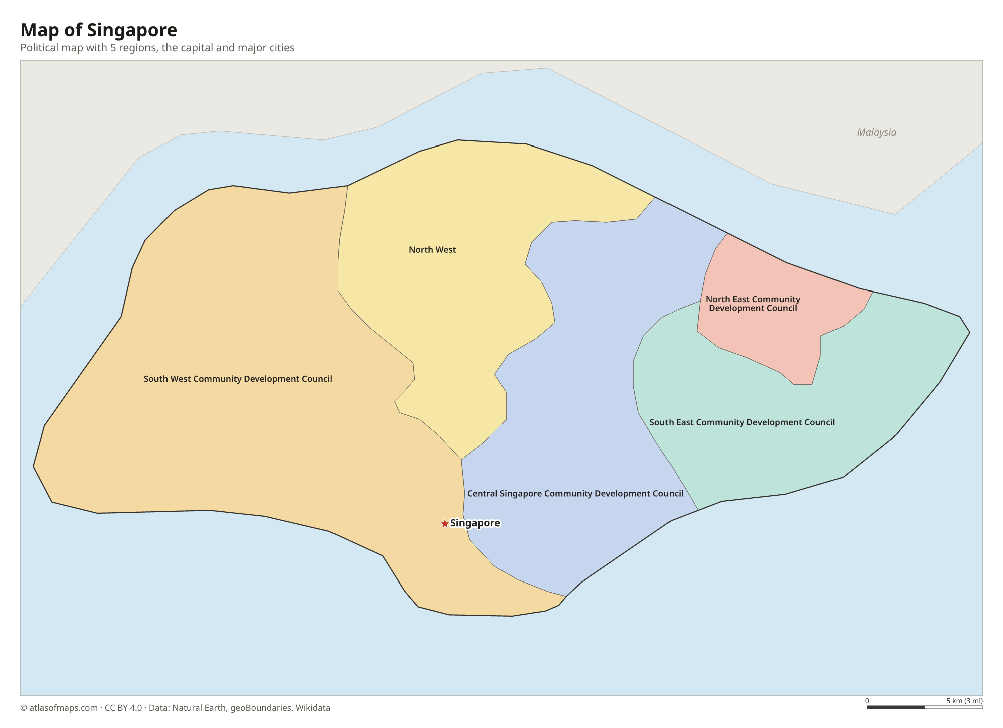 Political map of Singapore with its regions and the capital Singapore