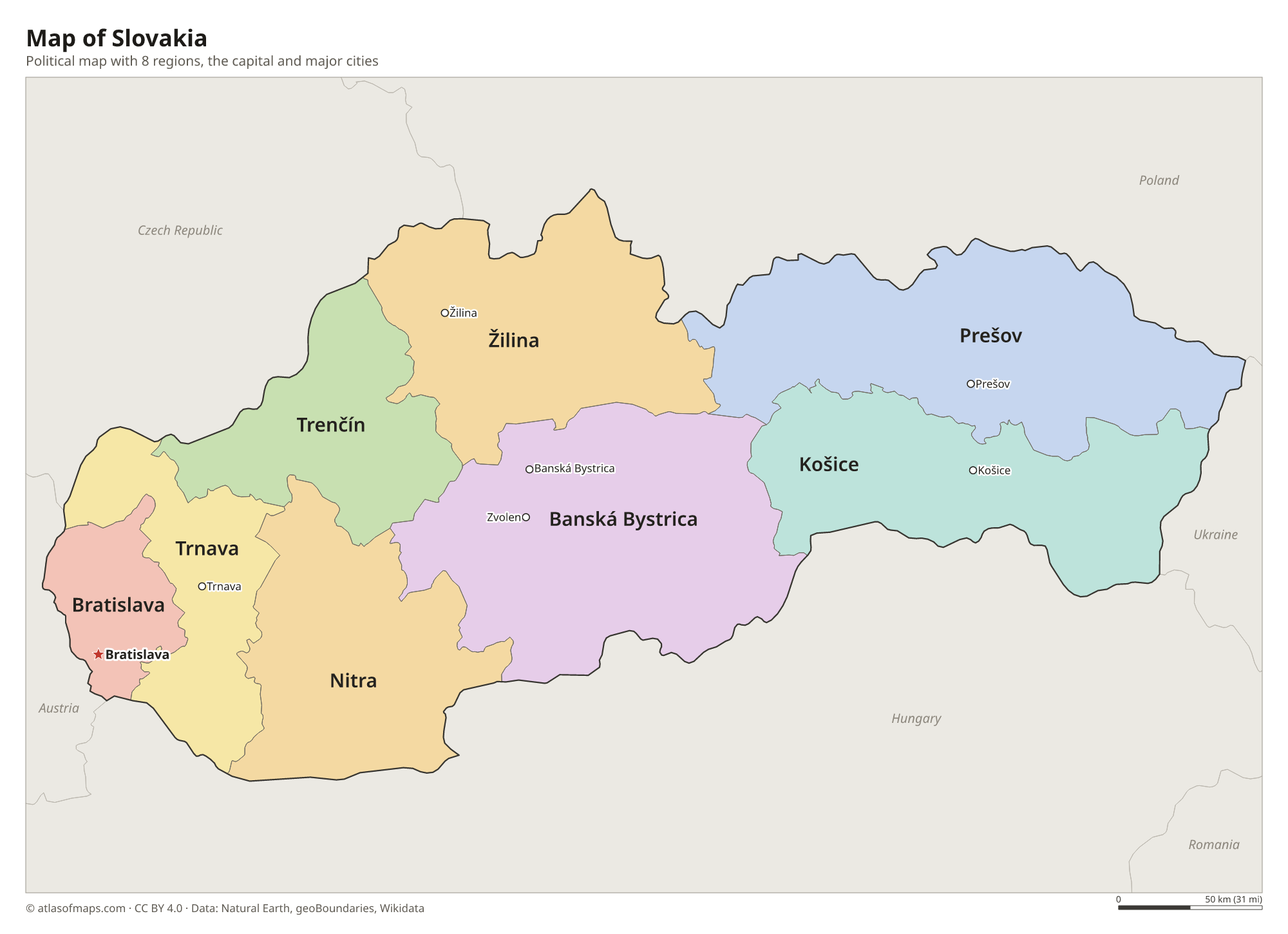 Political map of Slovakia with its regions and the capital Bratislava