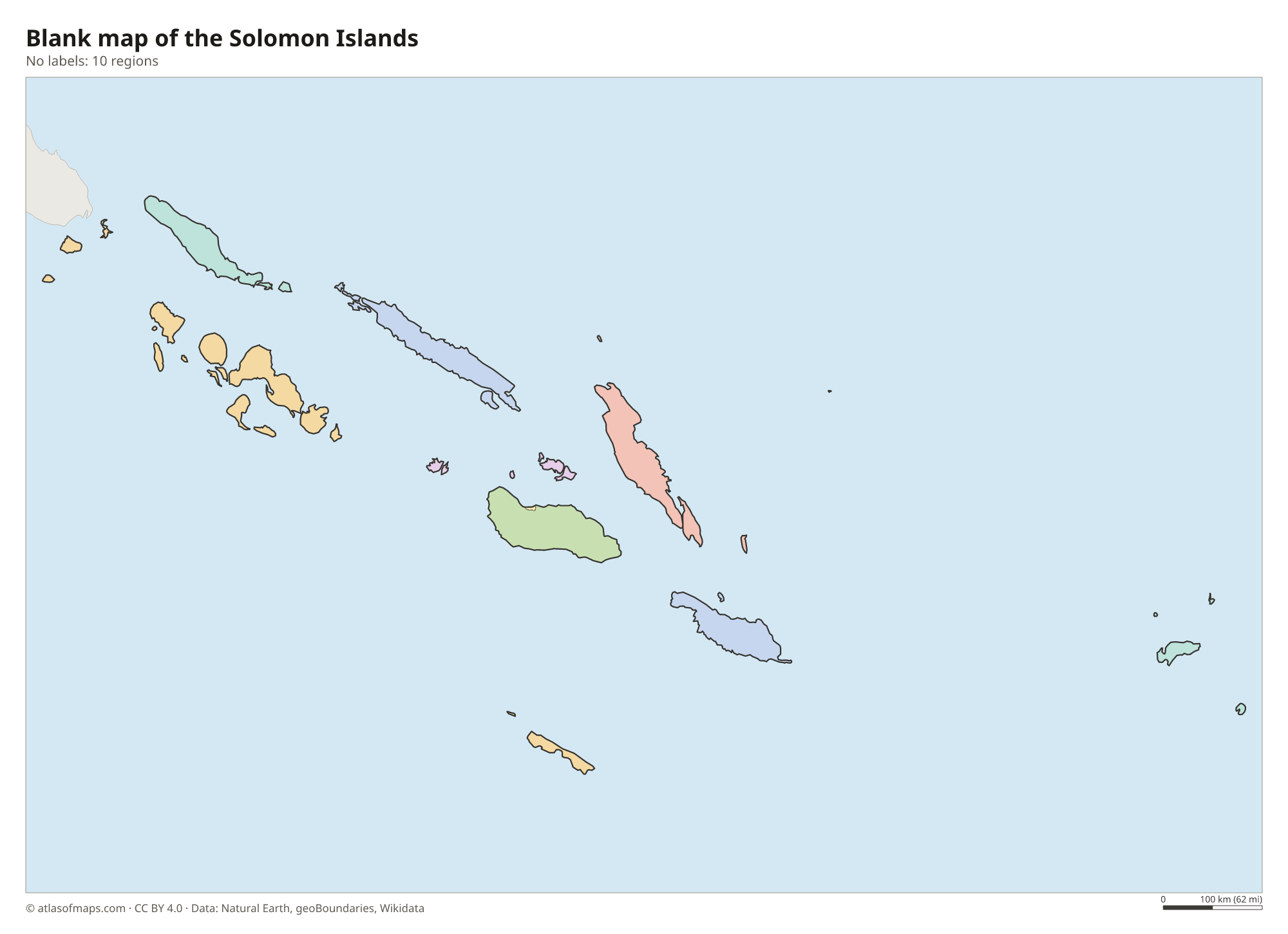 Blank outline map of the Solomon Islands without labels