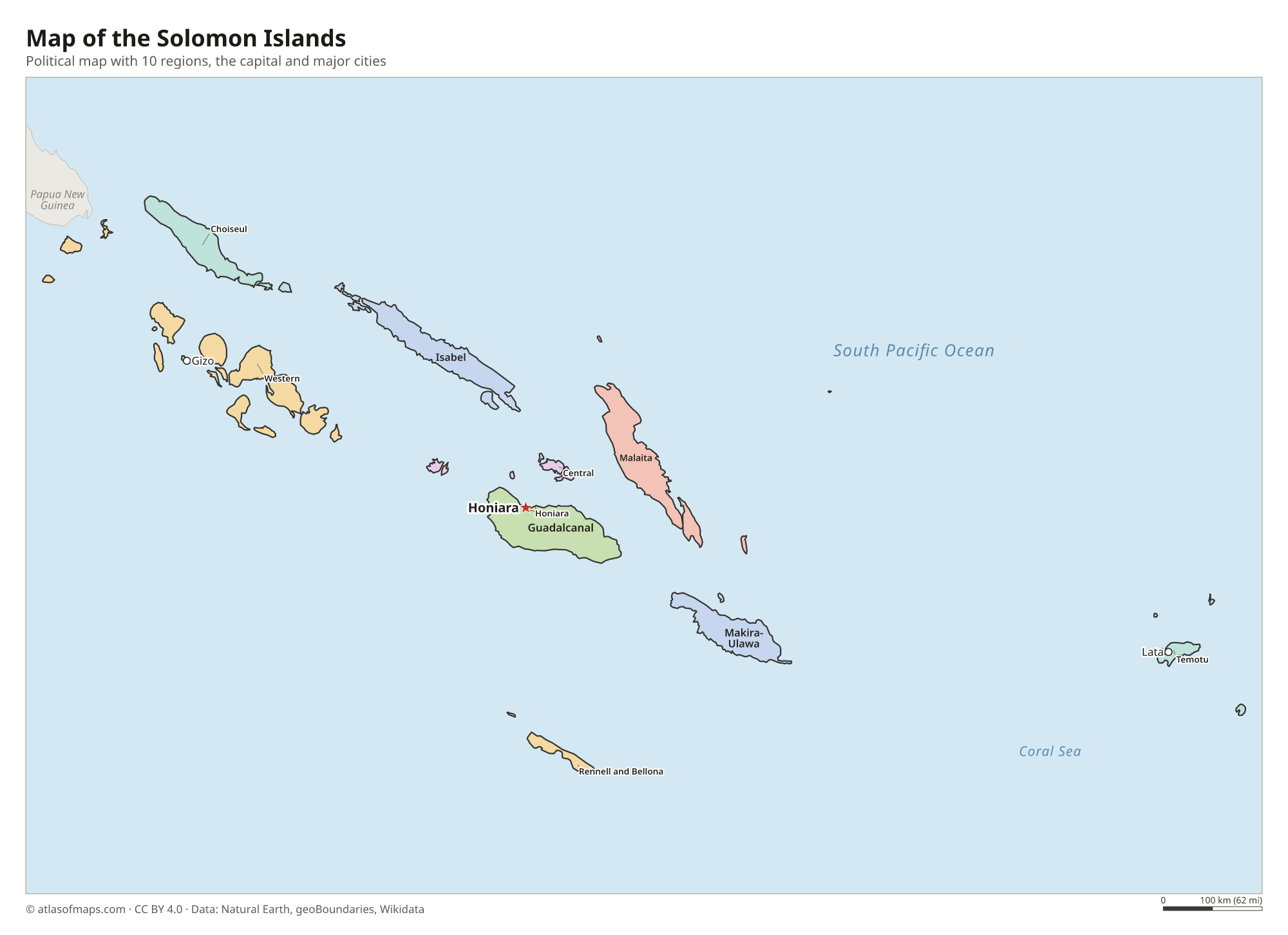 Political map of the Solomon Islands with its regions and the capital Honiara
