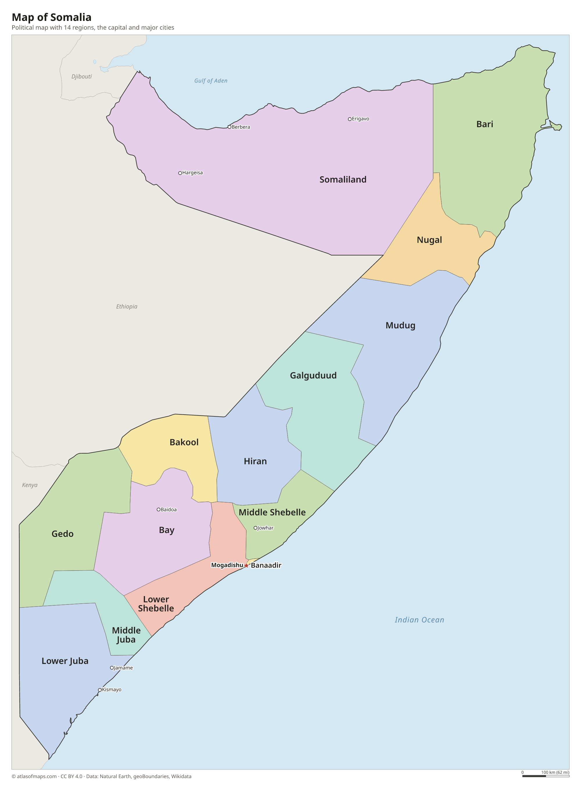 Political map of Somalia with its regions and the capital Mogadishu