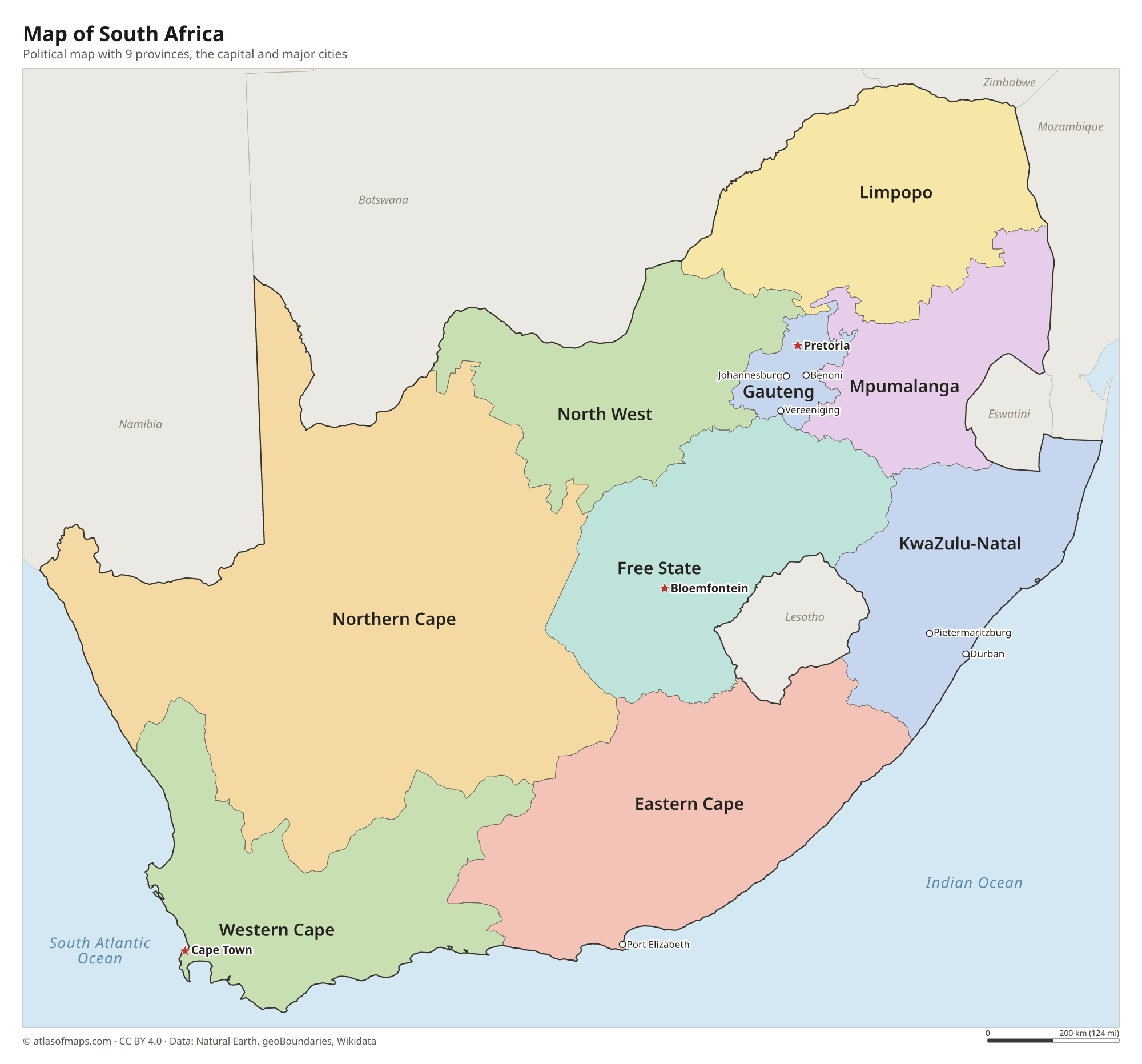 Political map of South Africa with its provinces and the capital Pretoria, Bloemfontein, and Cape Town