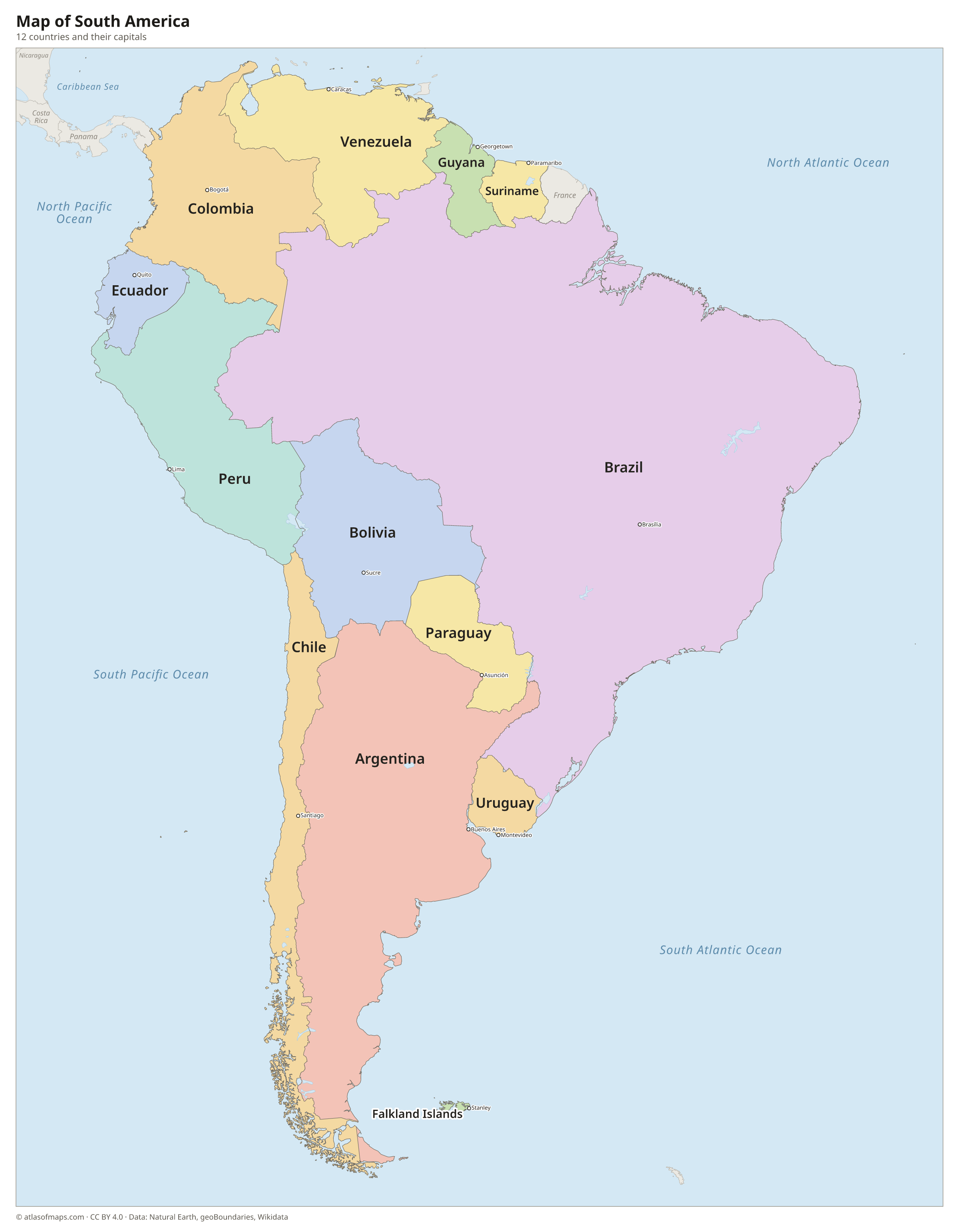 Map of South America with the countries and their capitals