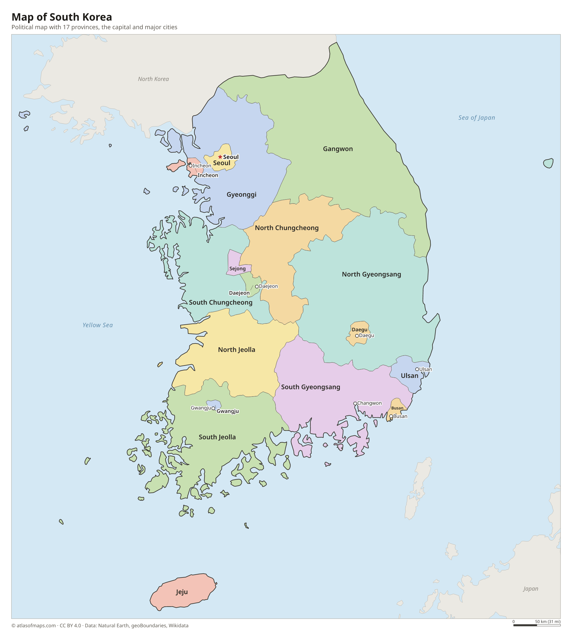 Political map of South Korea with its provinces and the capital Seoul
