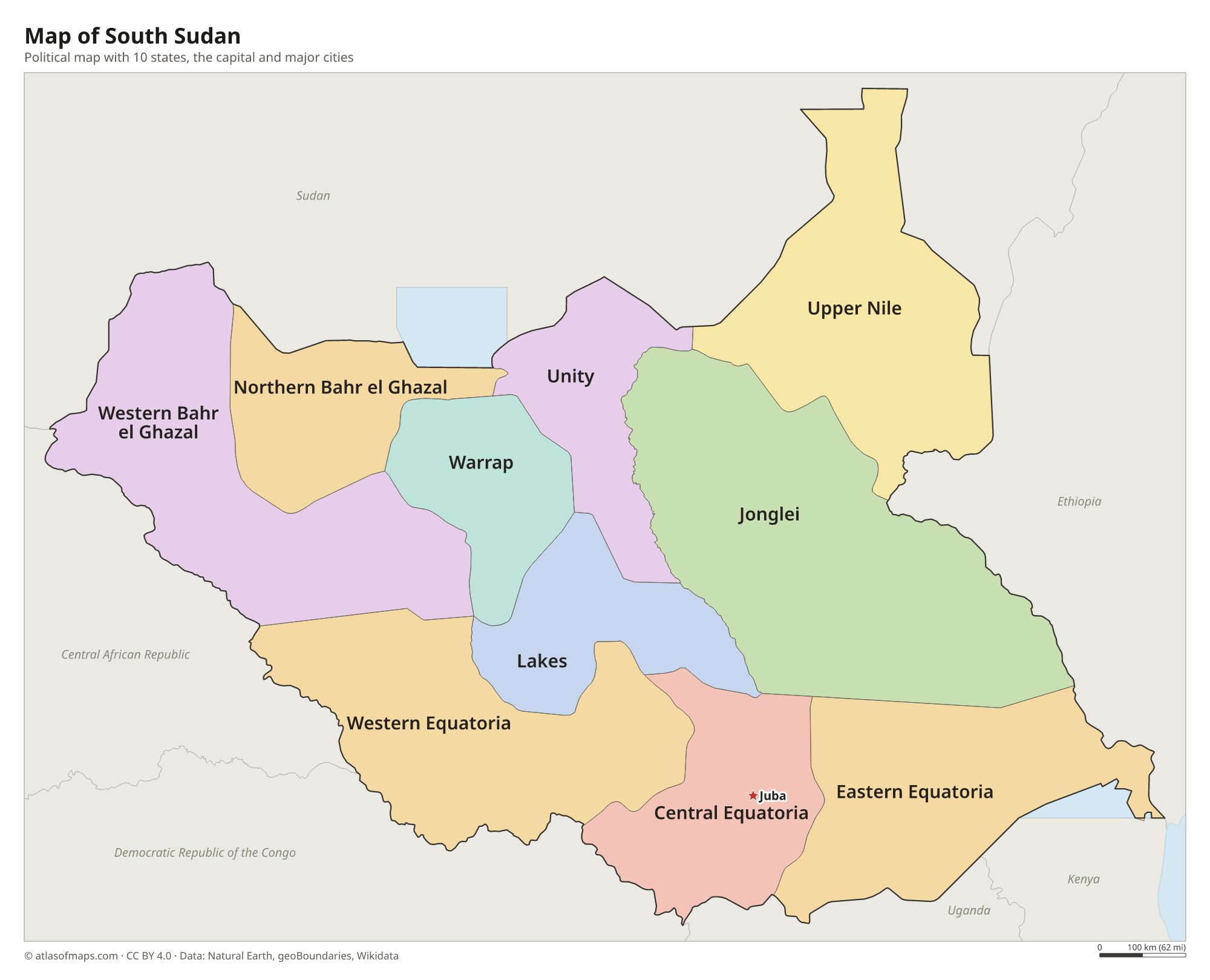 Political map of South Sudan with its states and the capital Juba