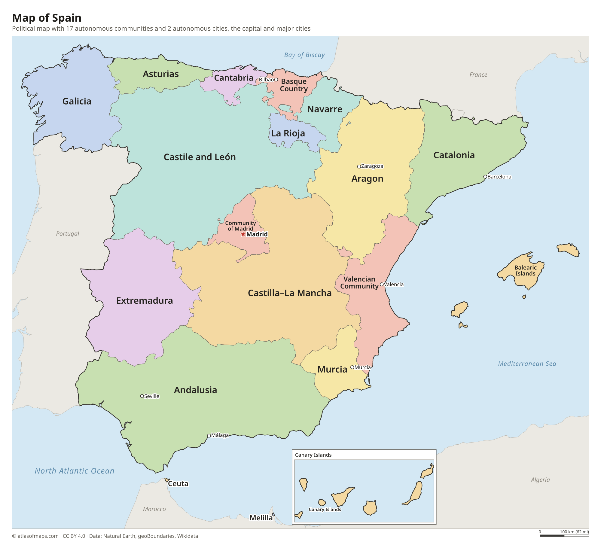 Political map of Spain with its autonomous communities and the capital Madrid