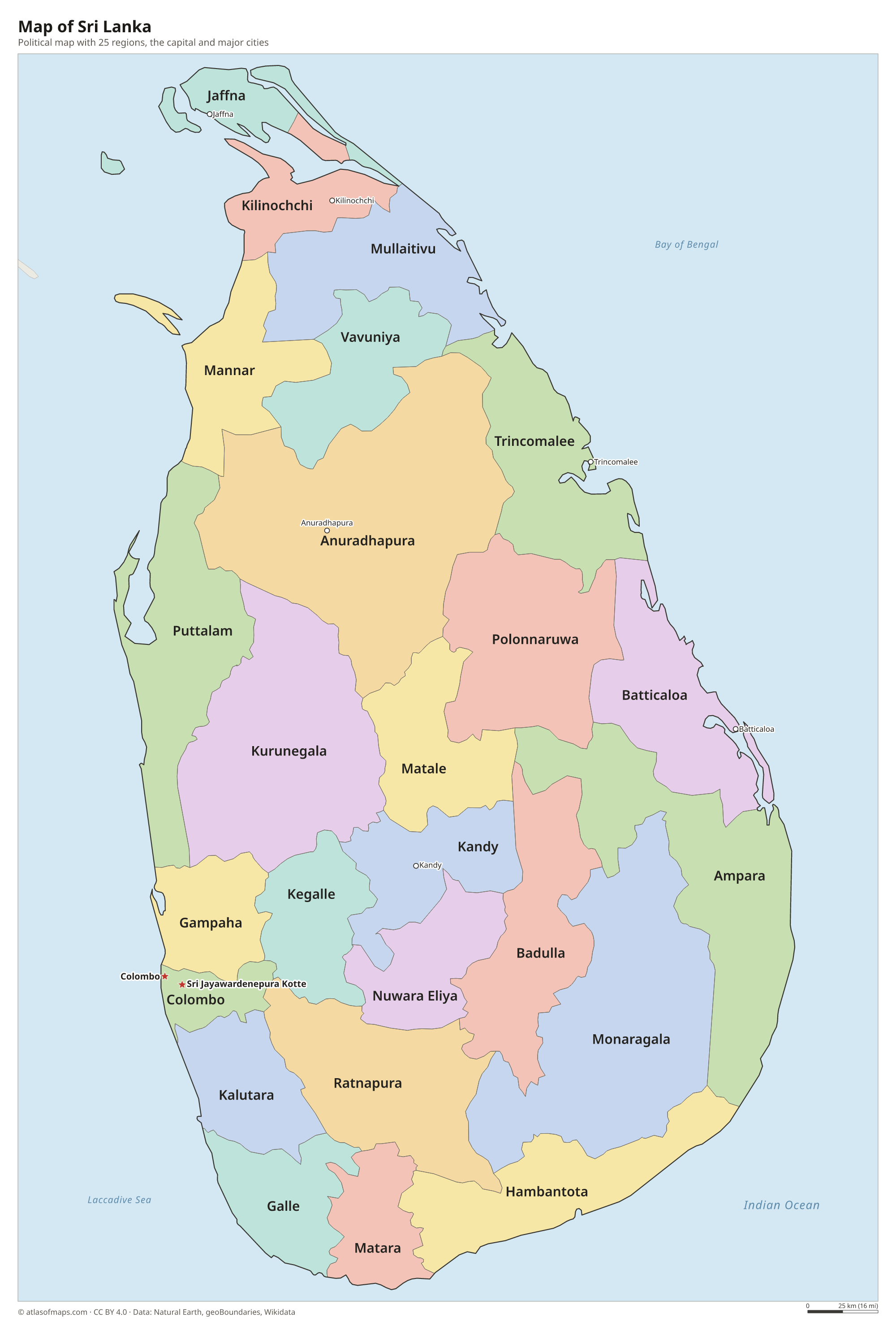 Regional Map Label Map of Sri Lanka with Regions and Capitals (Printable)