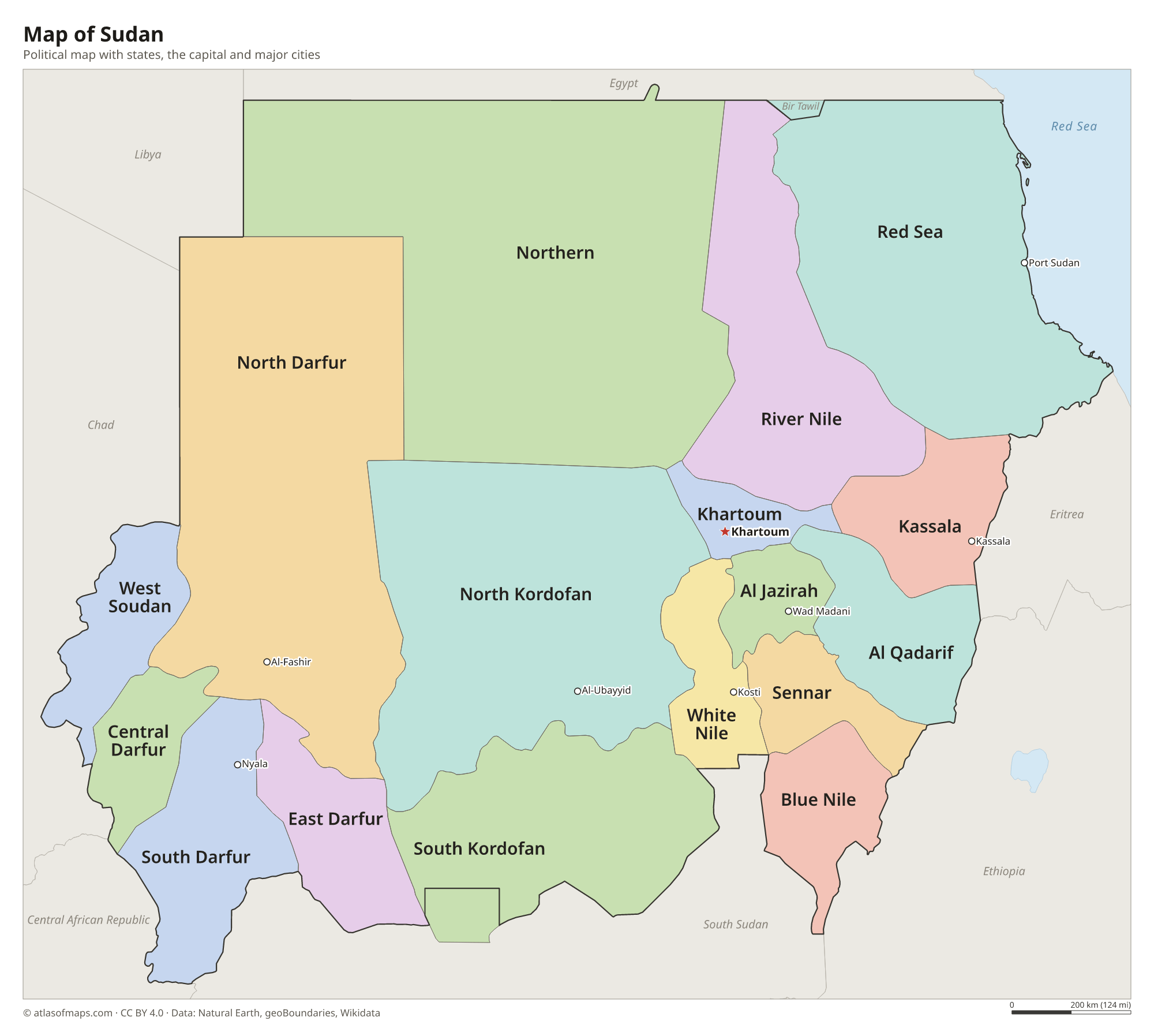 Political map of Sudan with its states and the capital Khartoum