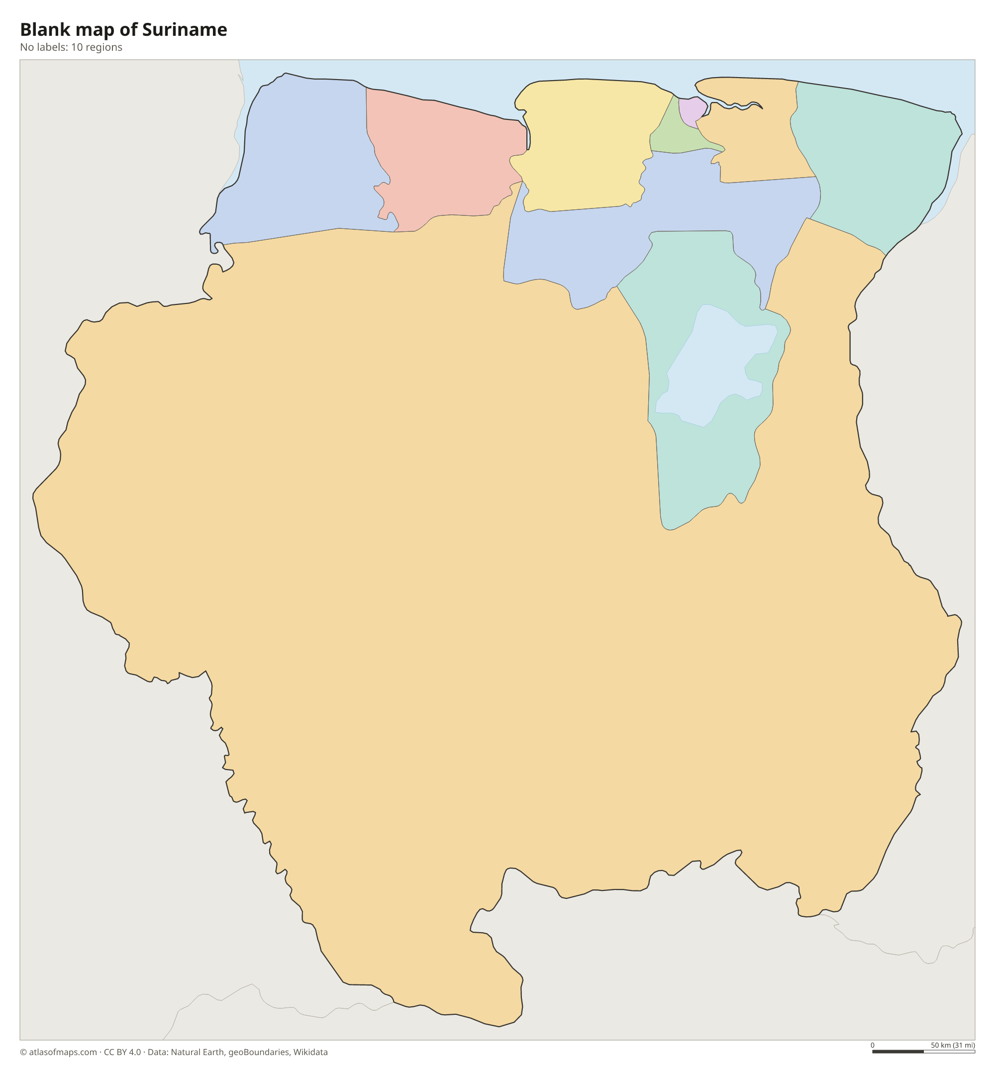Blank outline map of Suriname without labels