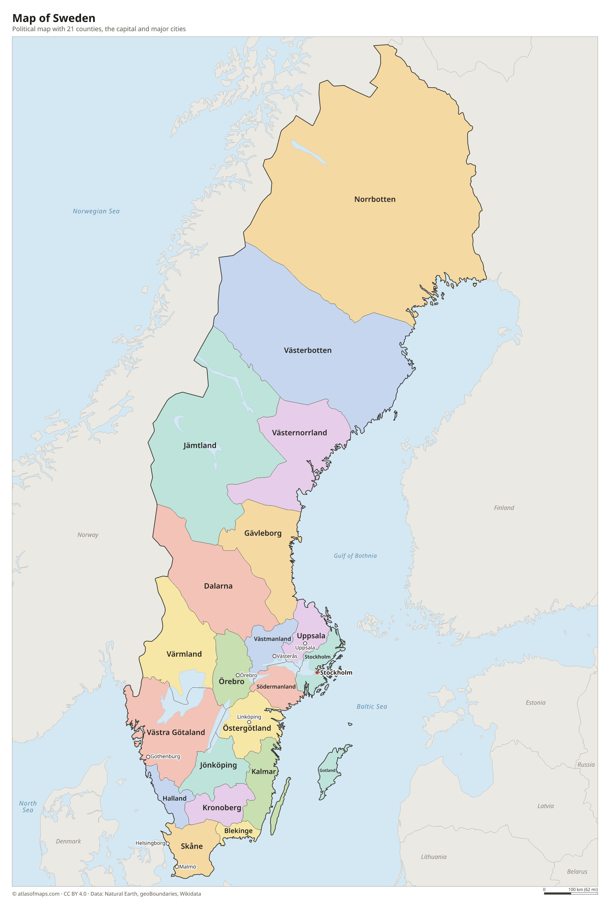 Political map of Sweden with its counties and the capital Stockholm