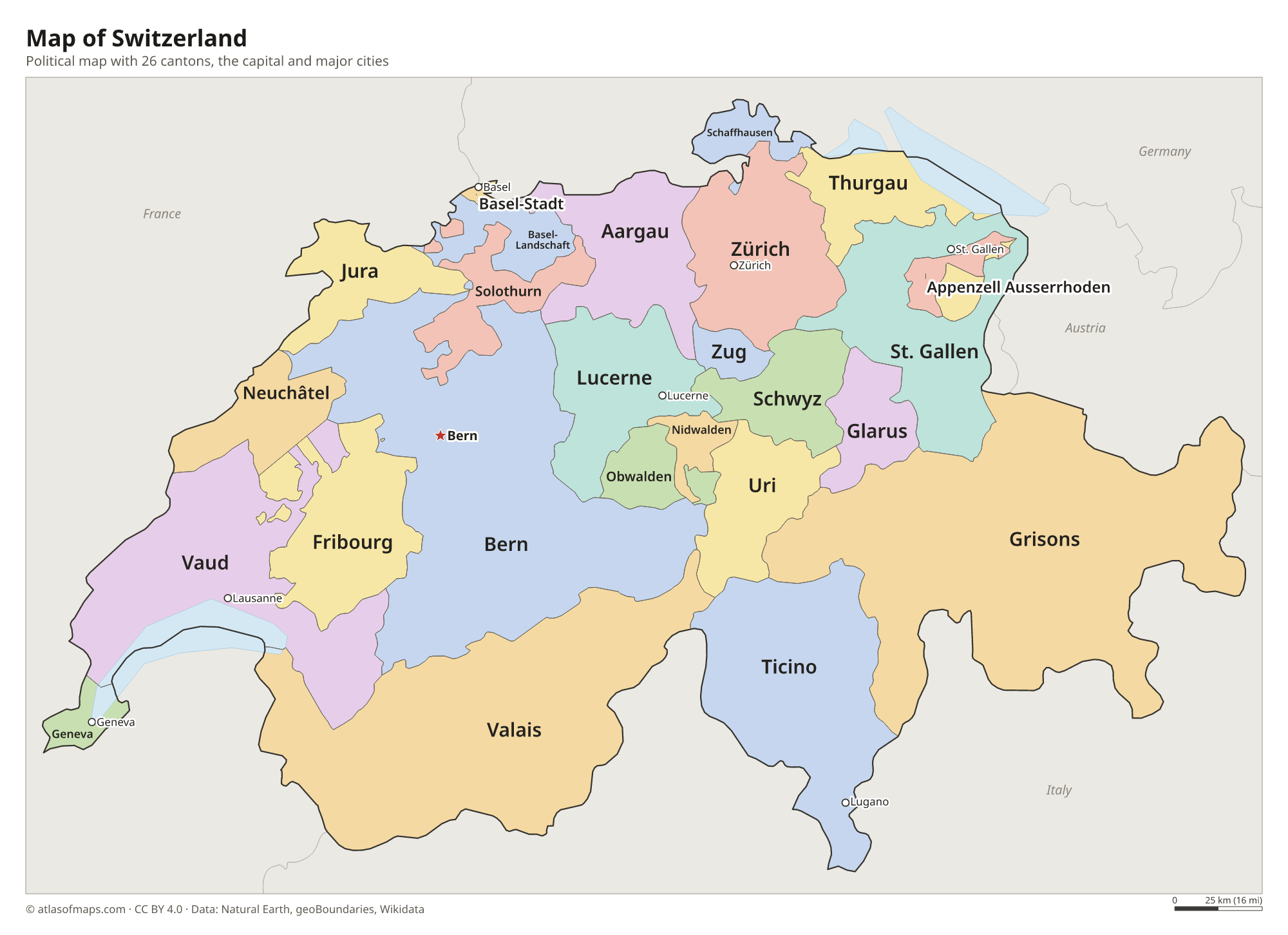 Political map of Switzerland with its cantons and the capital Bern