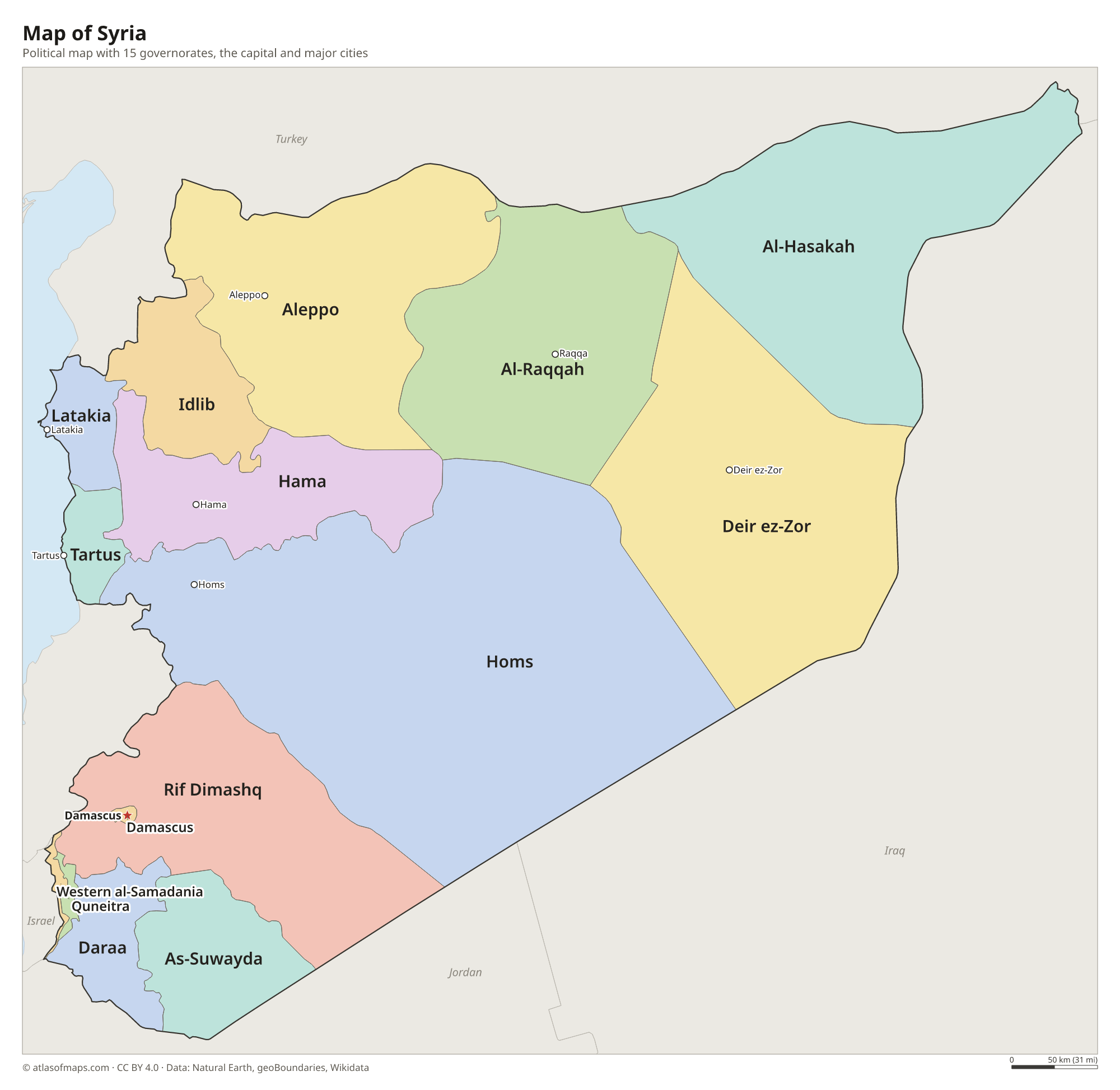 Political map of Syria with its governorates and the capital Damascus
