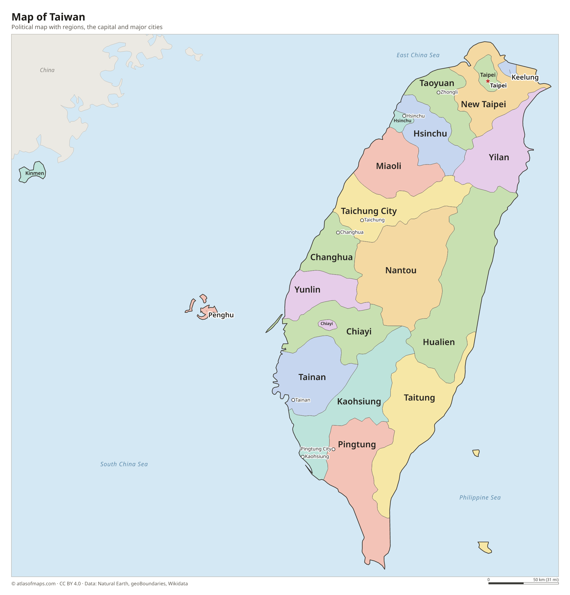 Political map of Taiwan with its regions and the capital Taipei