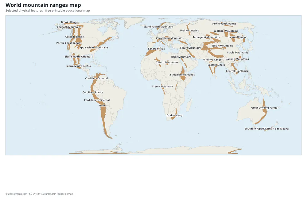 World mountain ranges map