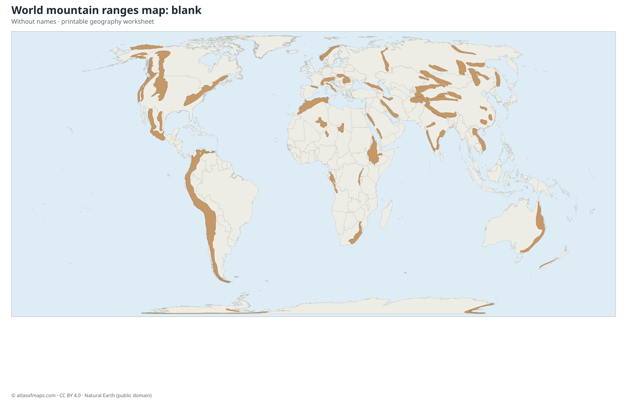 World mountain ranges map without names