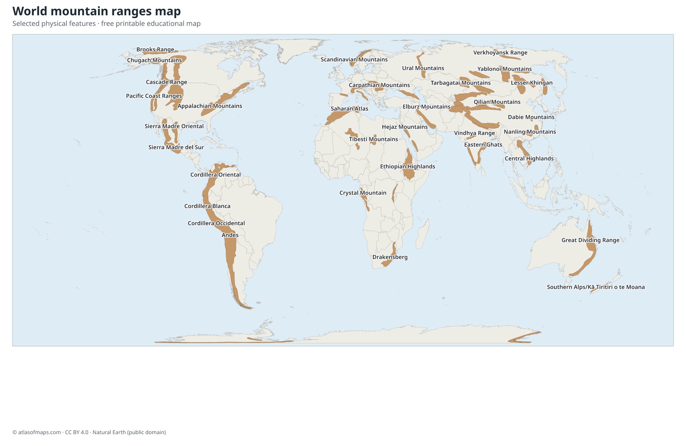 World mountain ranges map