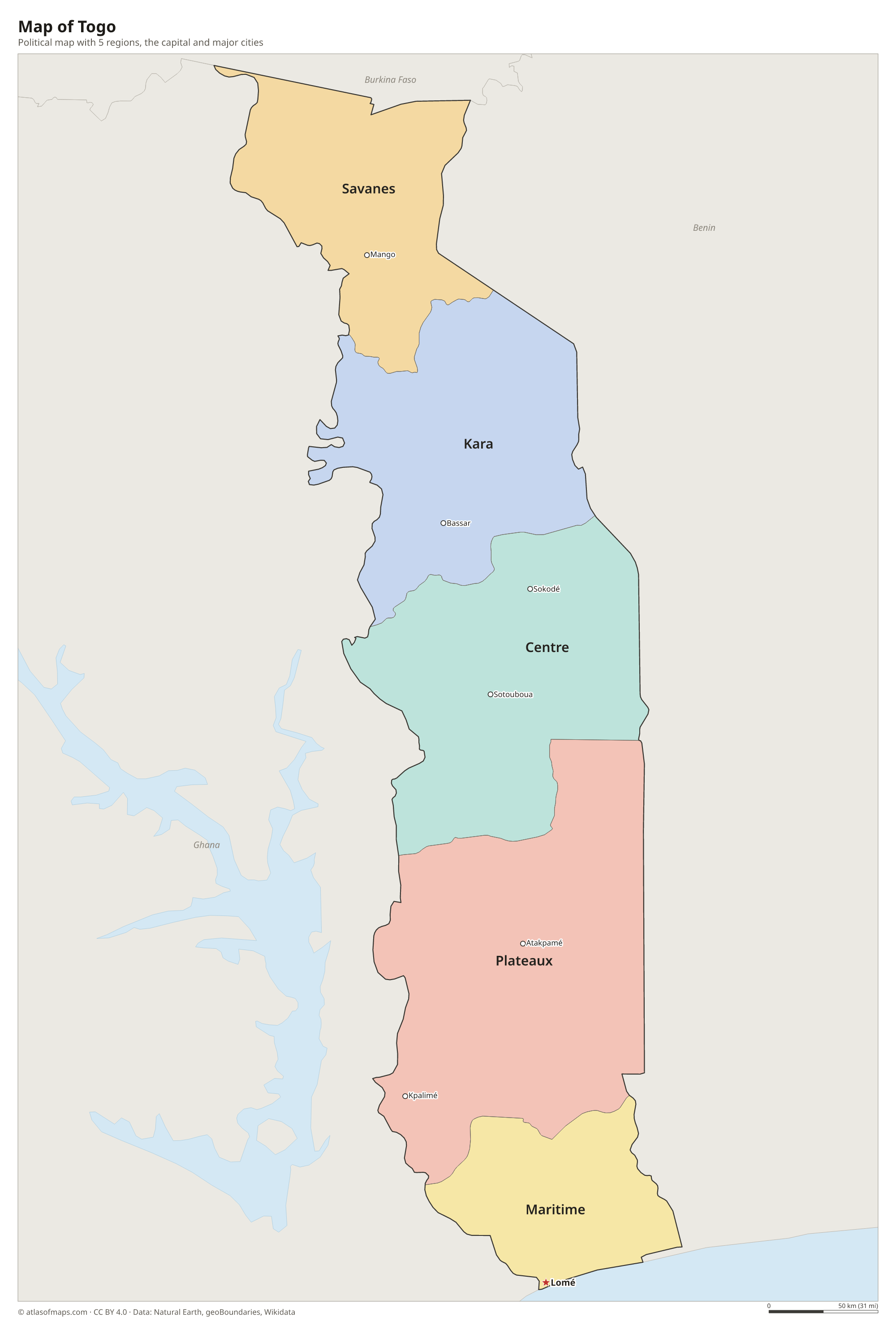 Political map of Togo with its regions and the capital Lomé