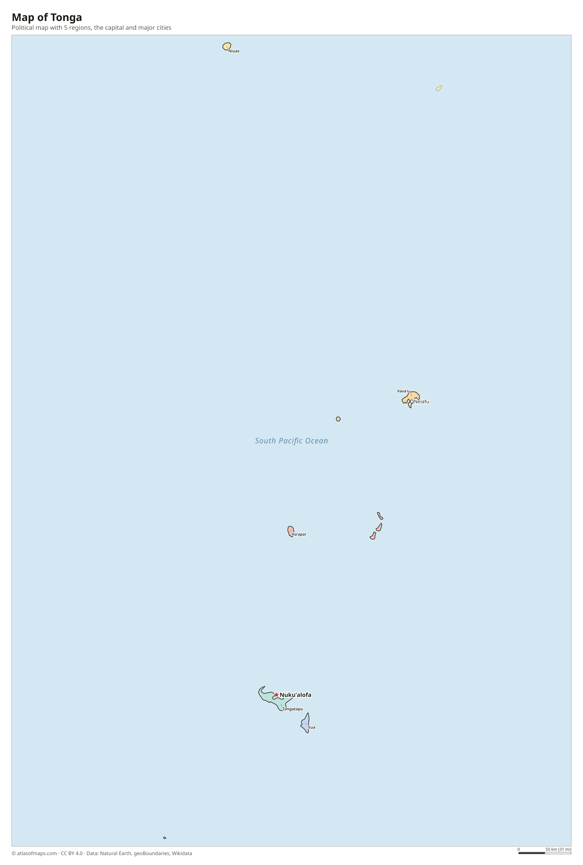 Political map of Tonga with its regions and the capital Nukuʻalofa