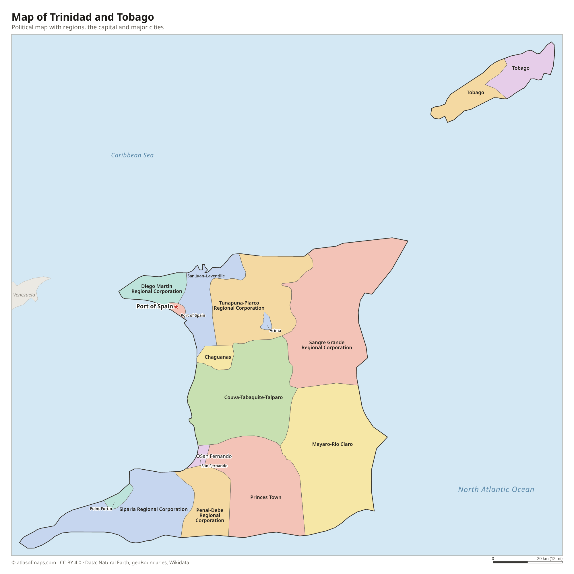 Political map of Trinidad and Tobago with its regions and the capital Port of Spain