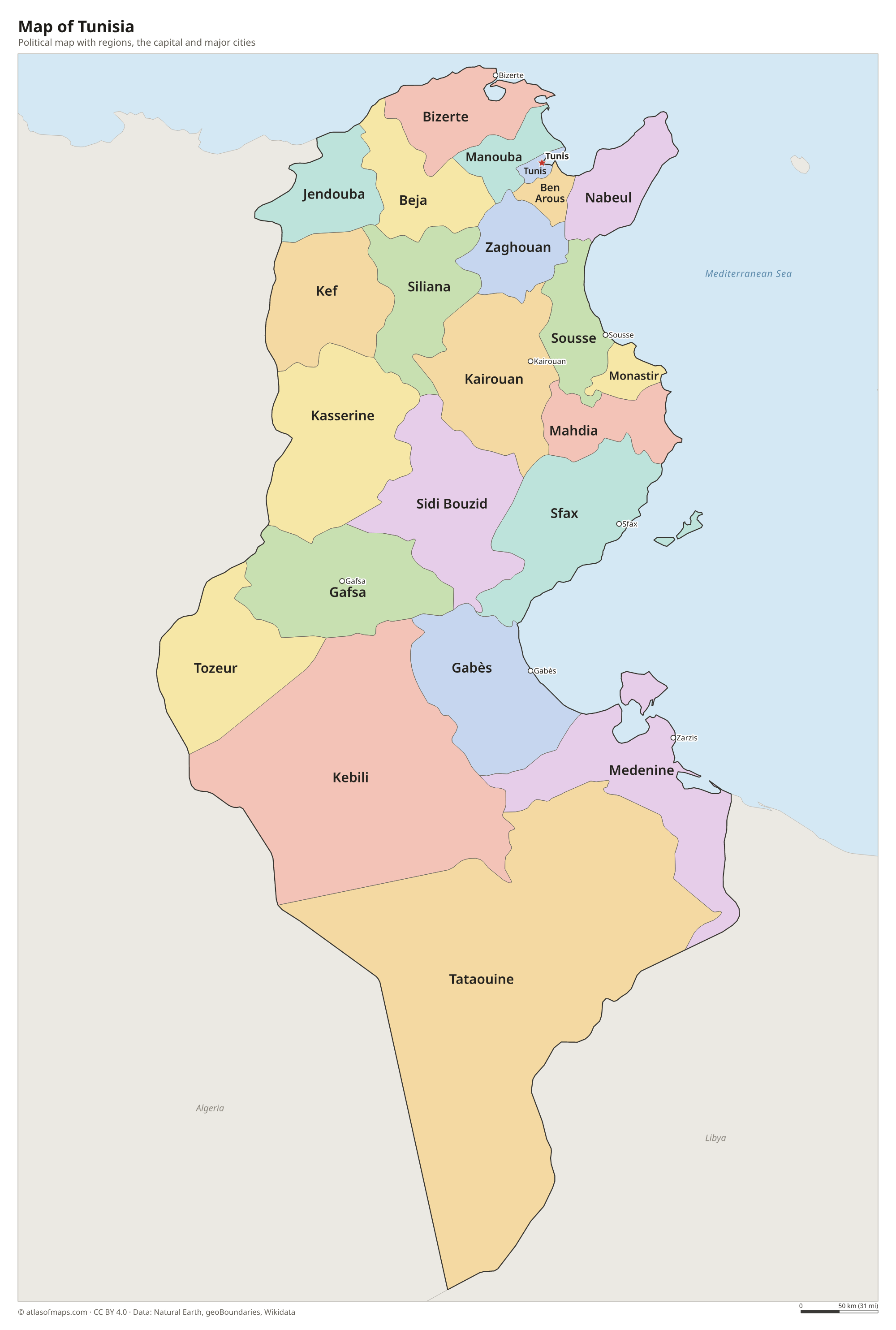 Political map of Tunisia with its regions and the capital Tunis