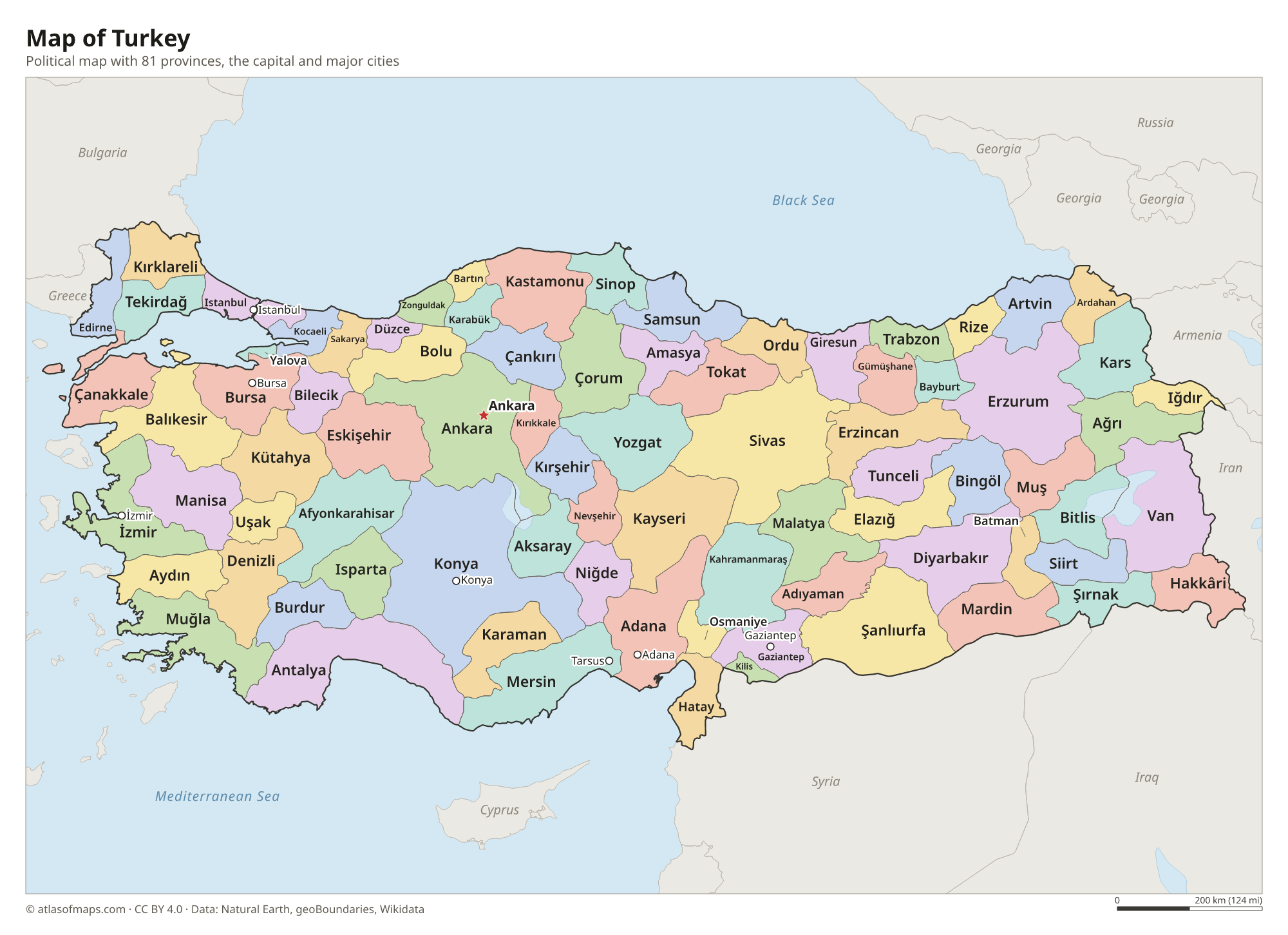 Political map of Turkey with its provinces and the capital Ankara