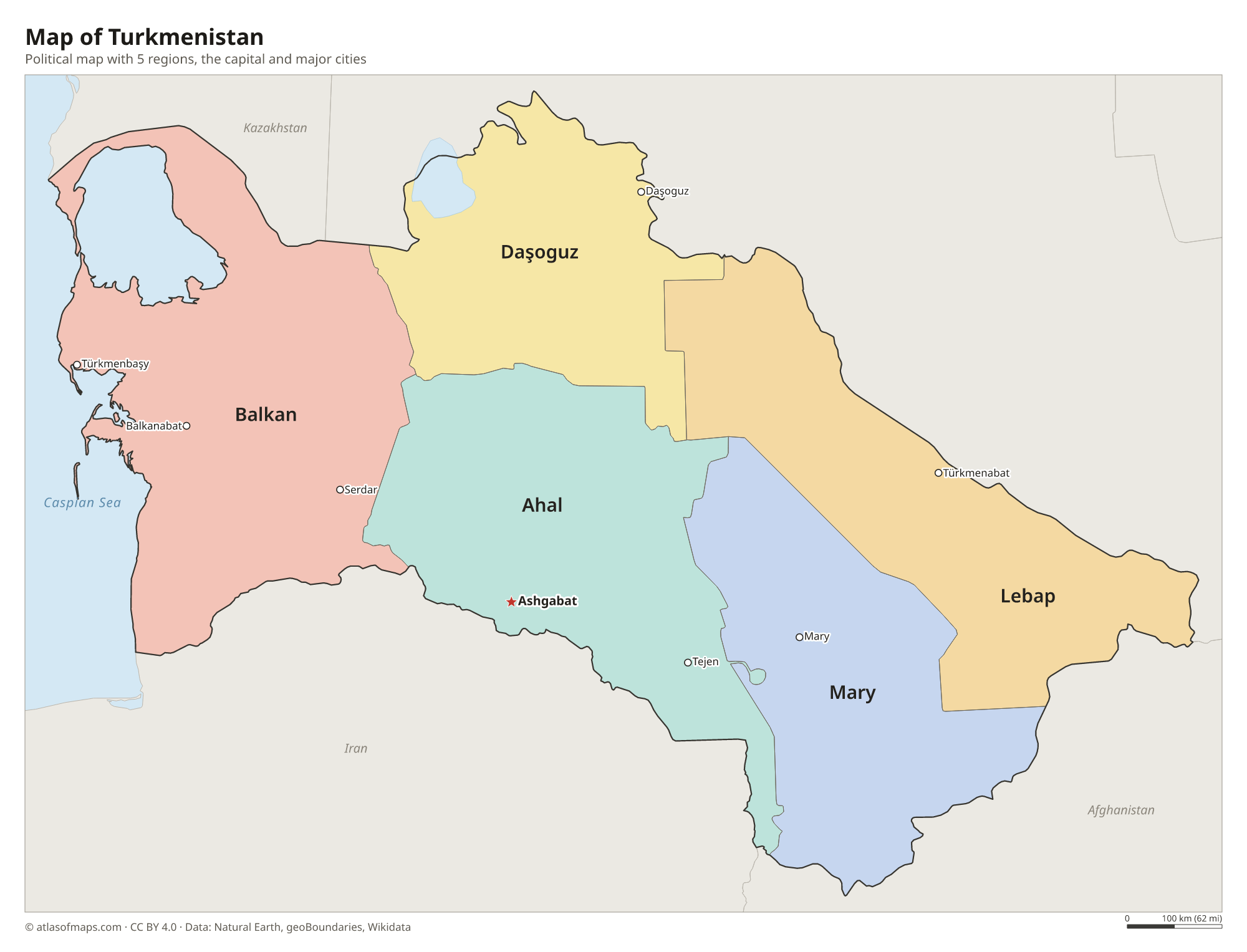 Political map of Turkmenistan with its regions and the capital Ashgabat