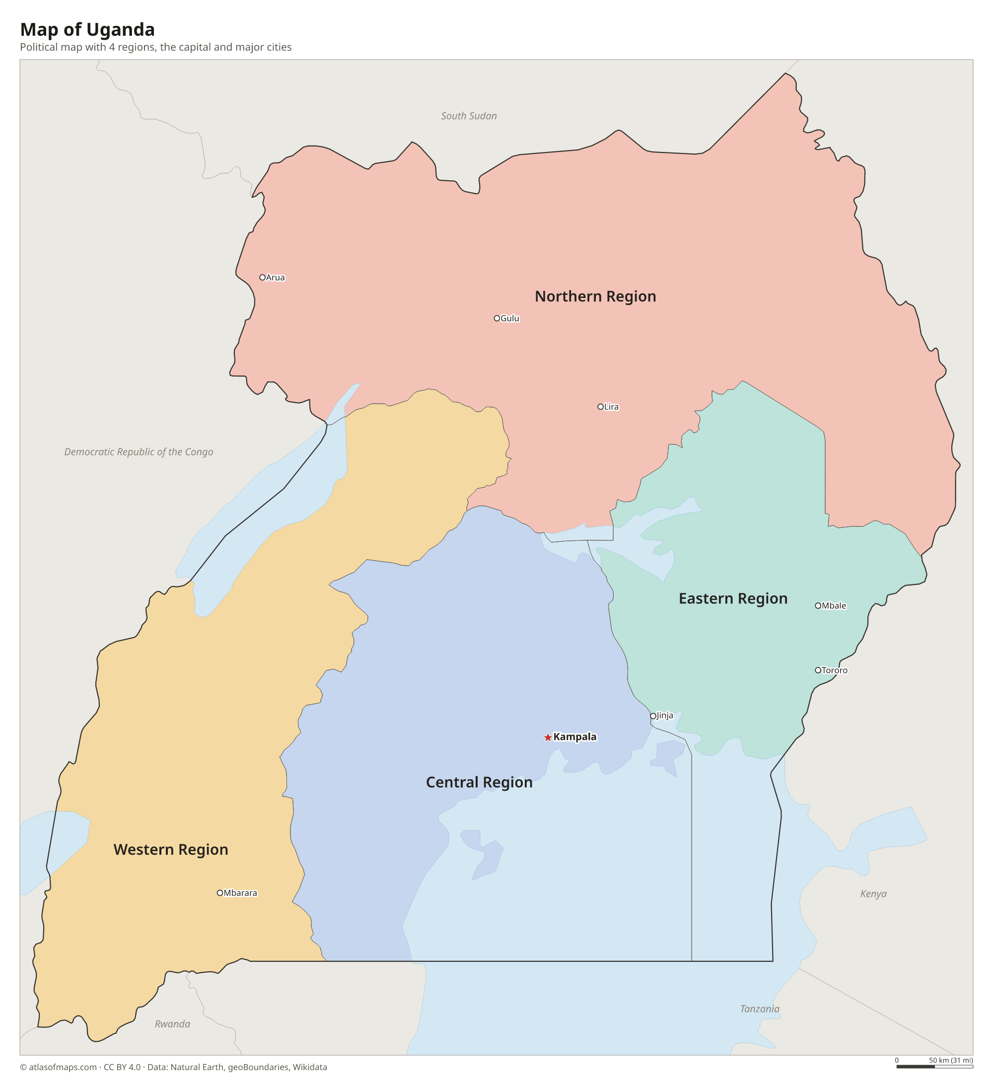 Political map of Uganda with its regions and the capital Kampala