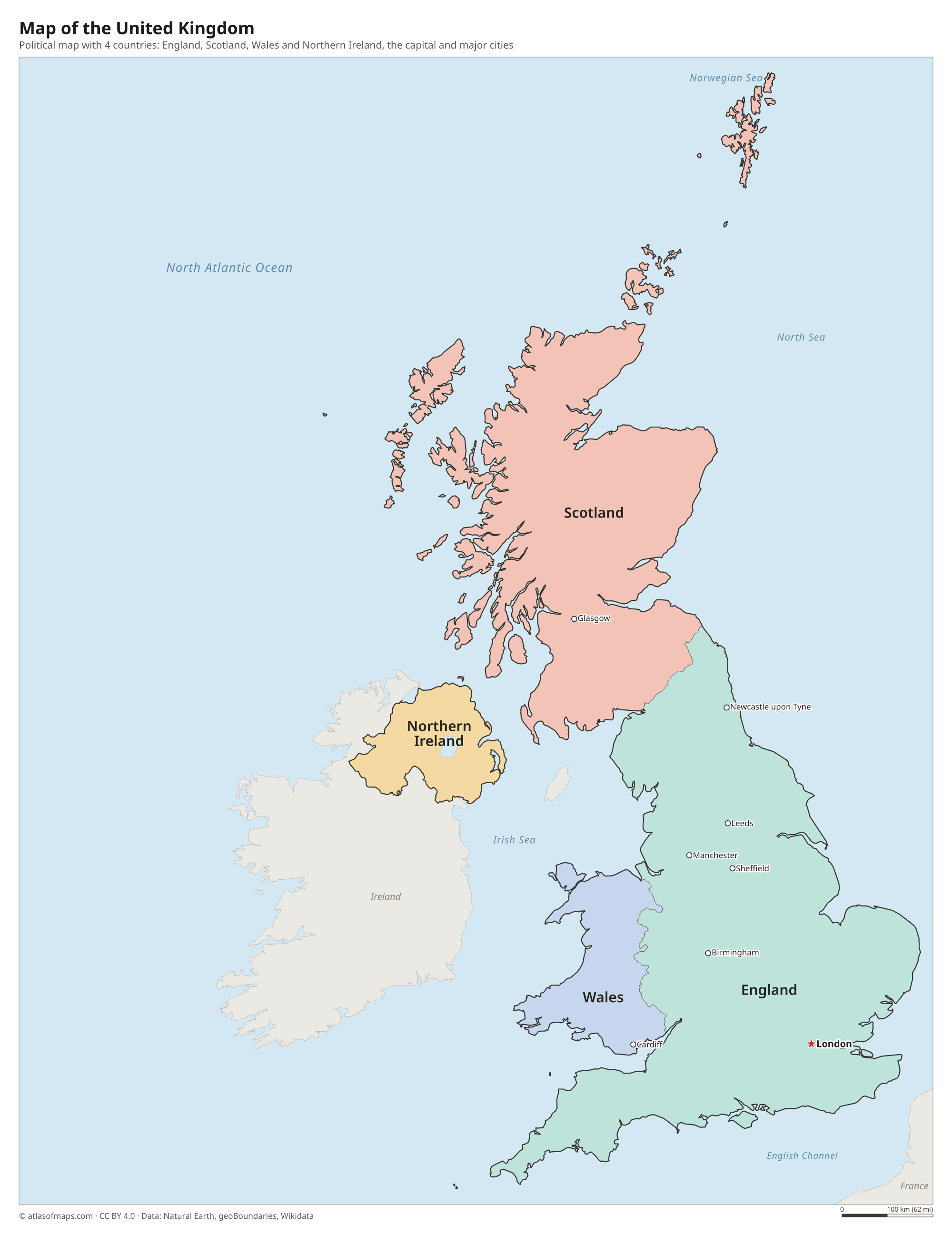 Political map of the United Kingdom with its countries and the capital London
