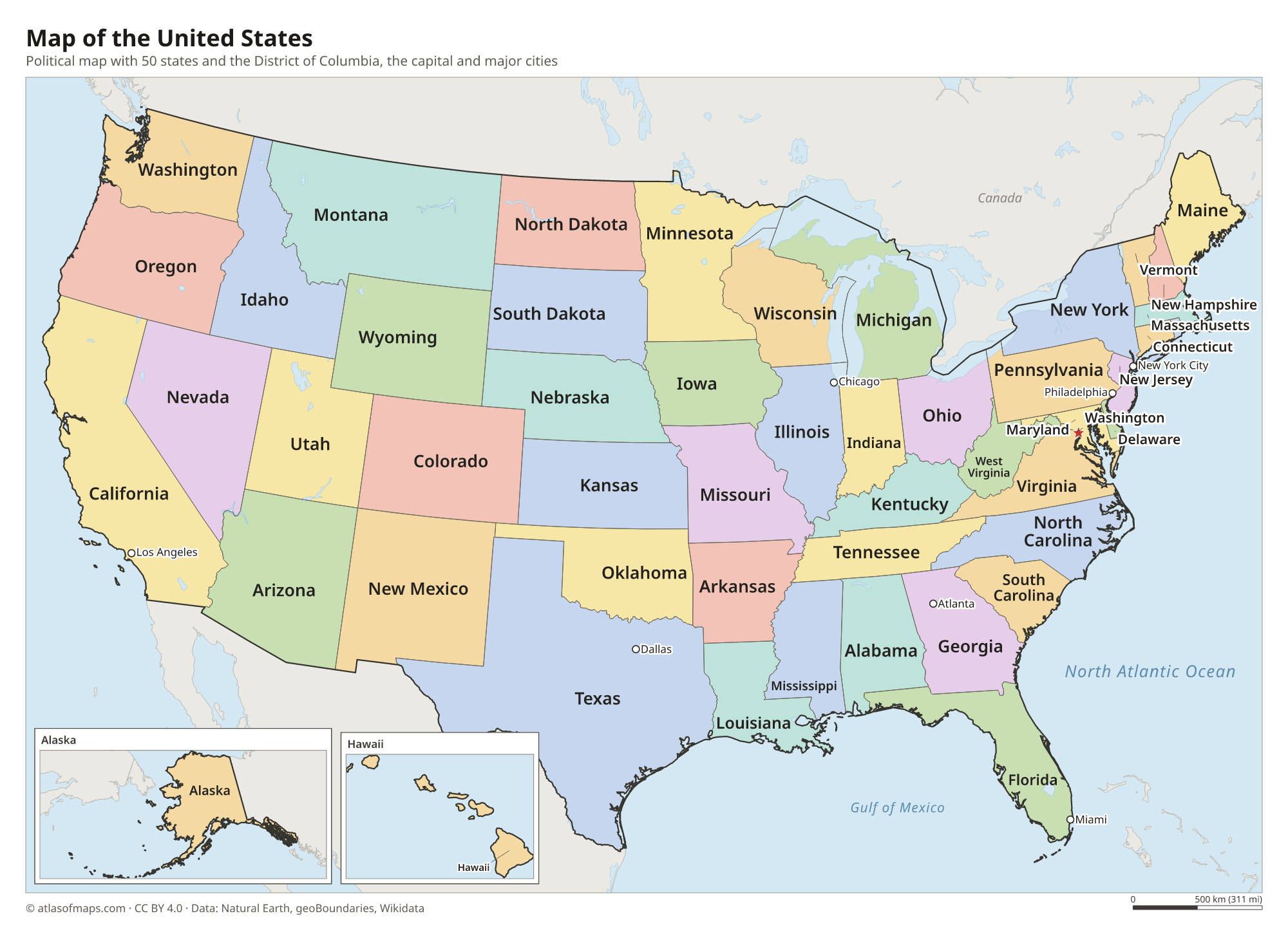 Political map of the United States with its states and the capital Washington, D.C.