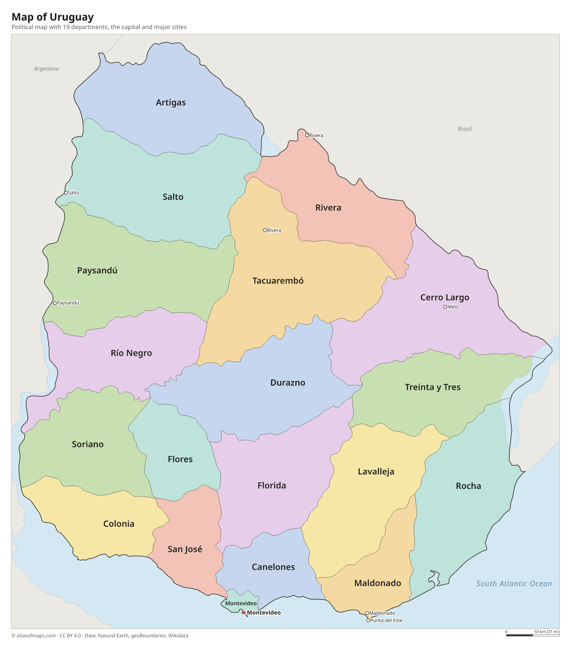 Political map of Uruguay with its departments and the capital Montevideo