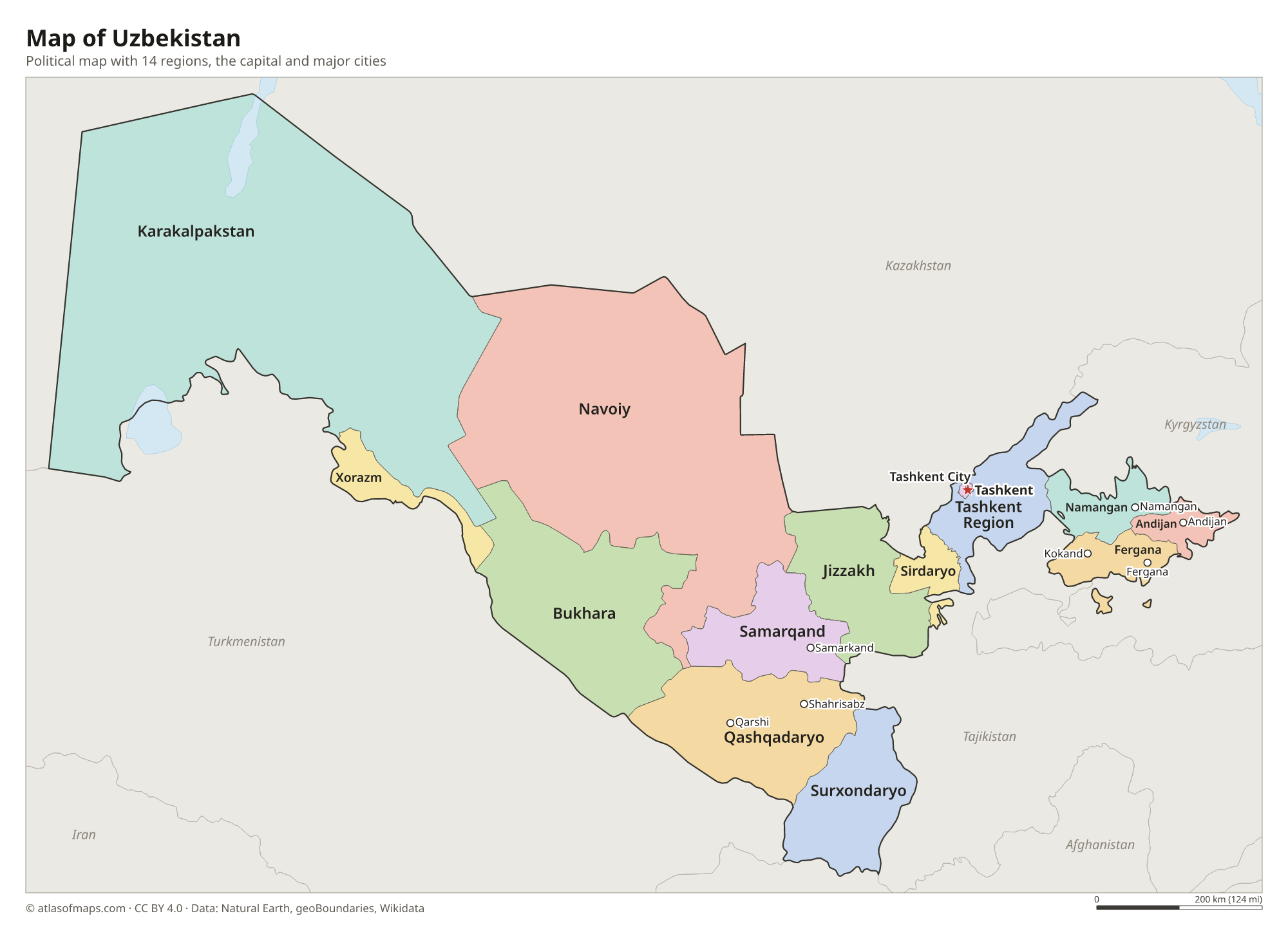 Political map of Uzbekistan with its regions and the capital Tashkent
