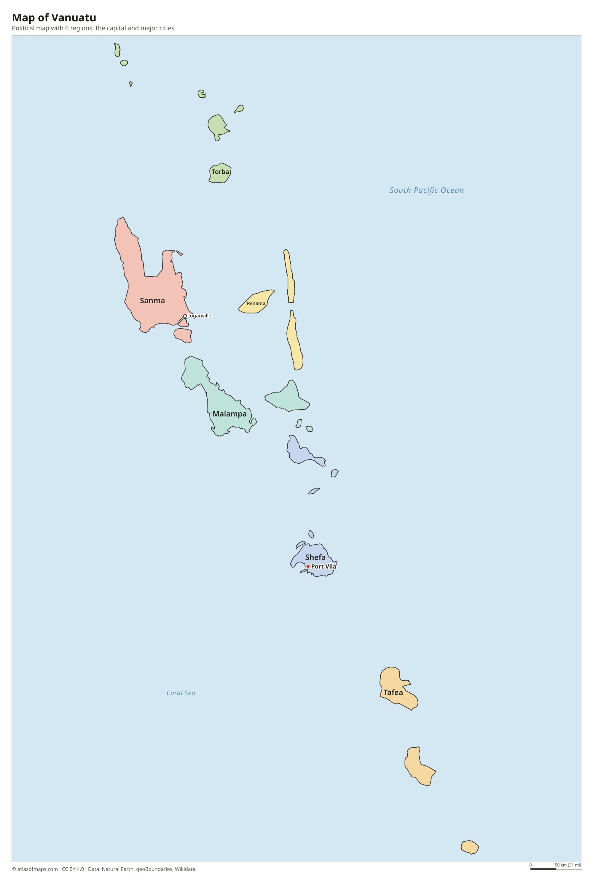 Political map of Vanuatu with its regions and the capital Port Vila