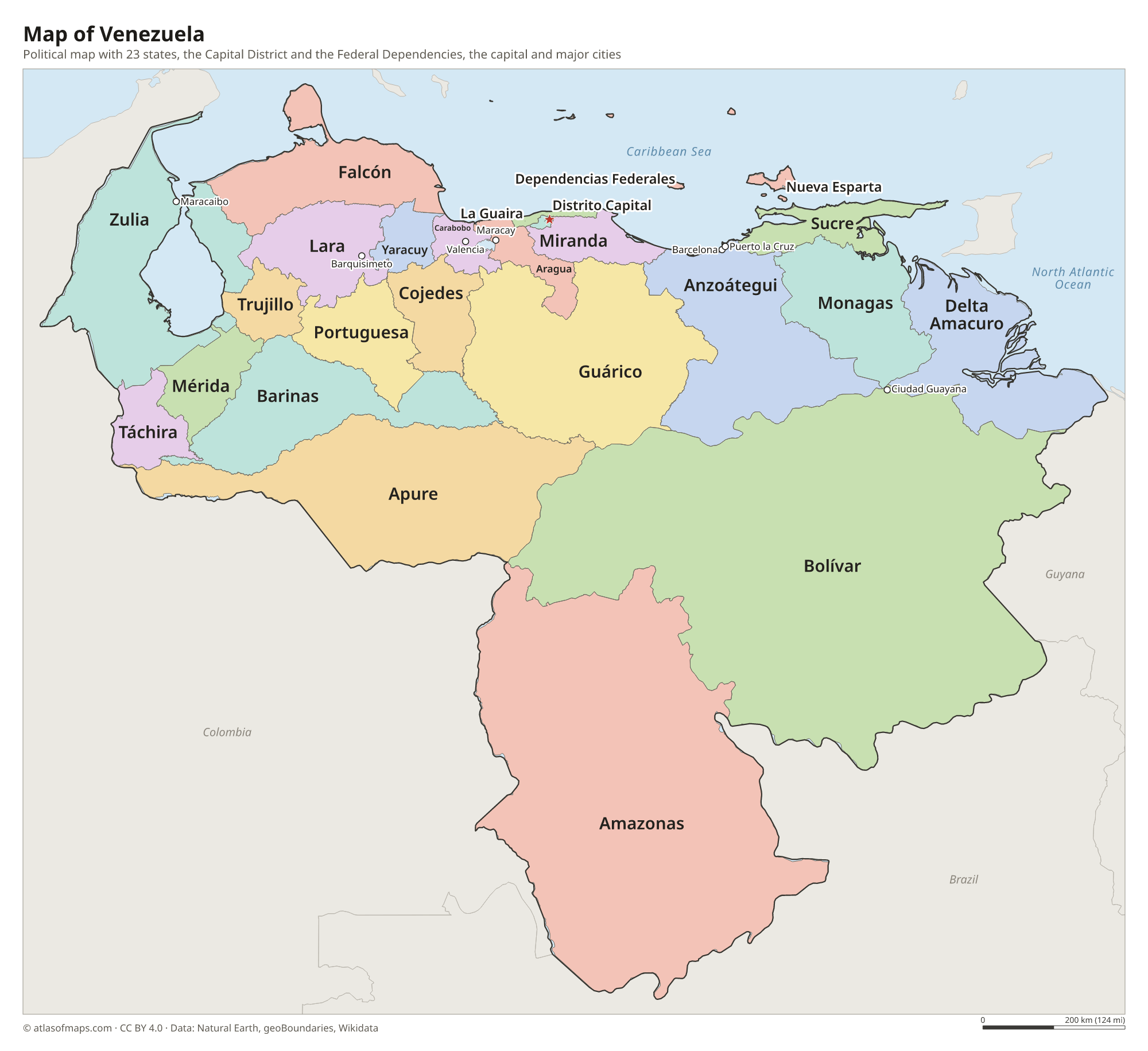 Political map of Venezuela with its states and the capital Caracas